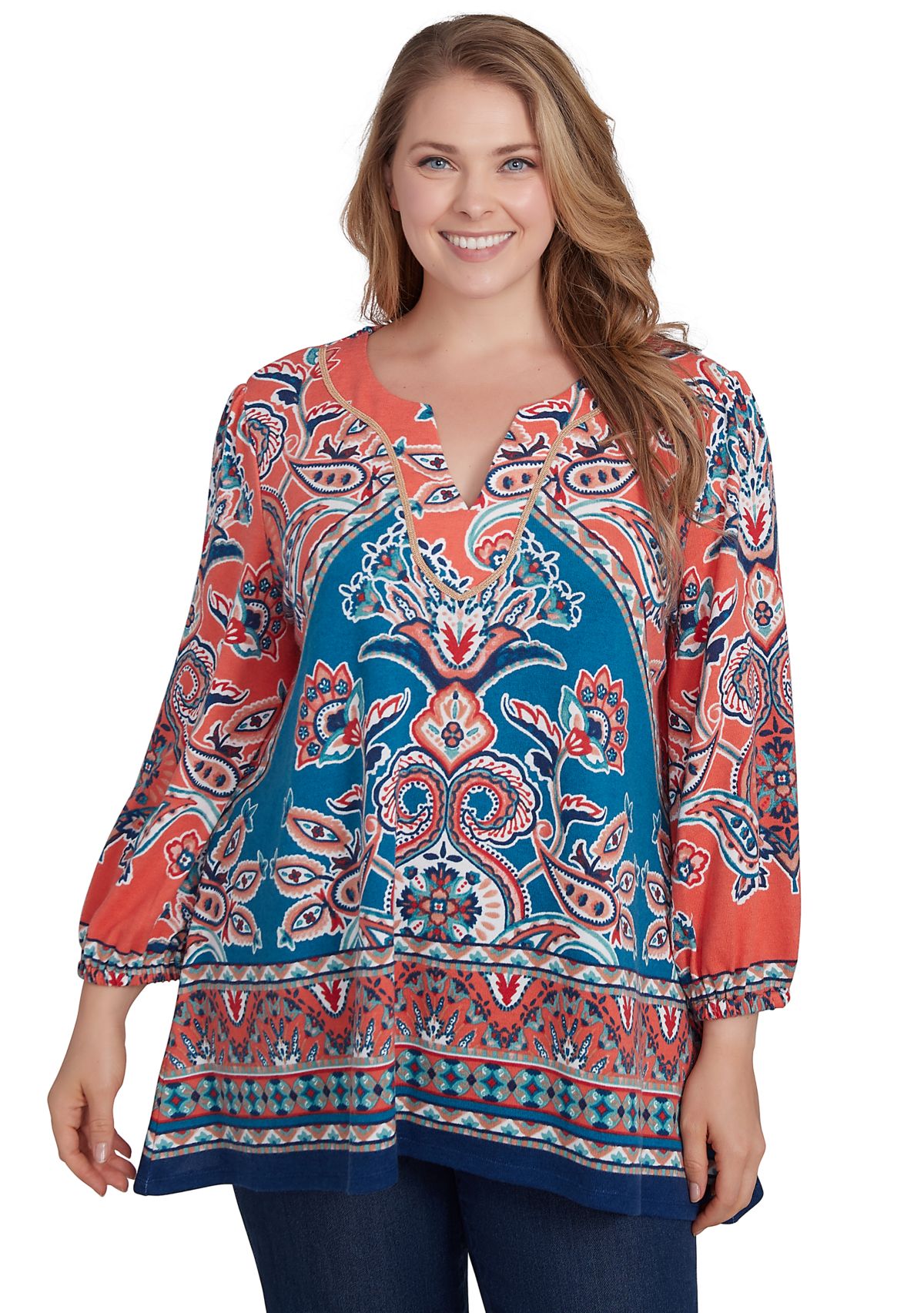 Plus Size Embellished Split Neck Baroque Motif Printed Hatchi Knit Top with Balloon Sleeves