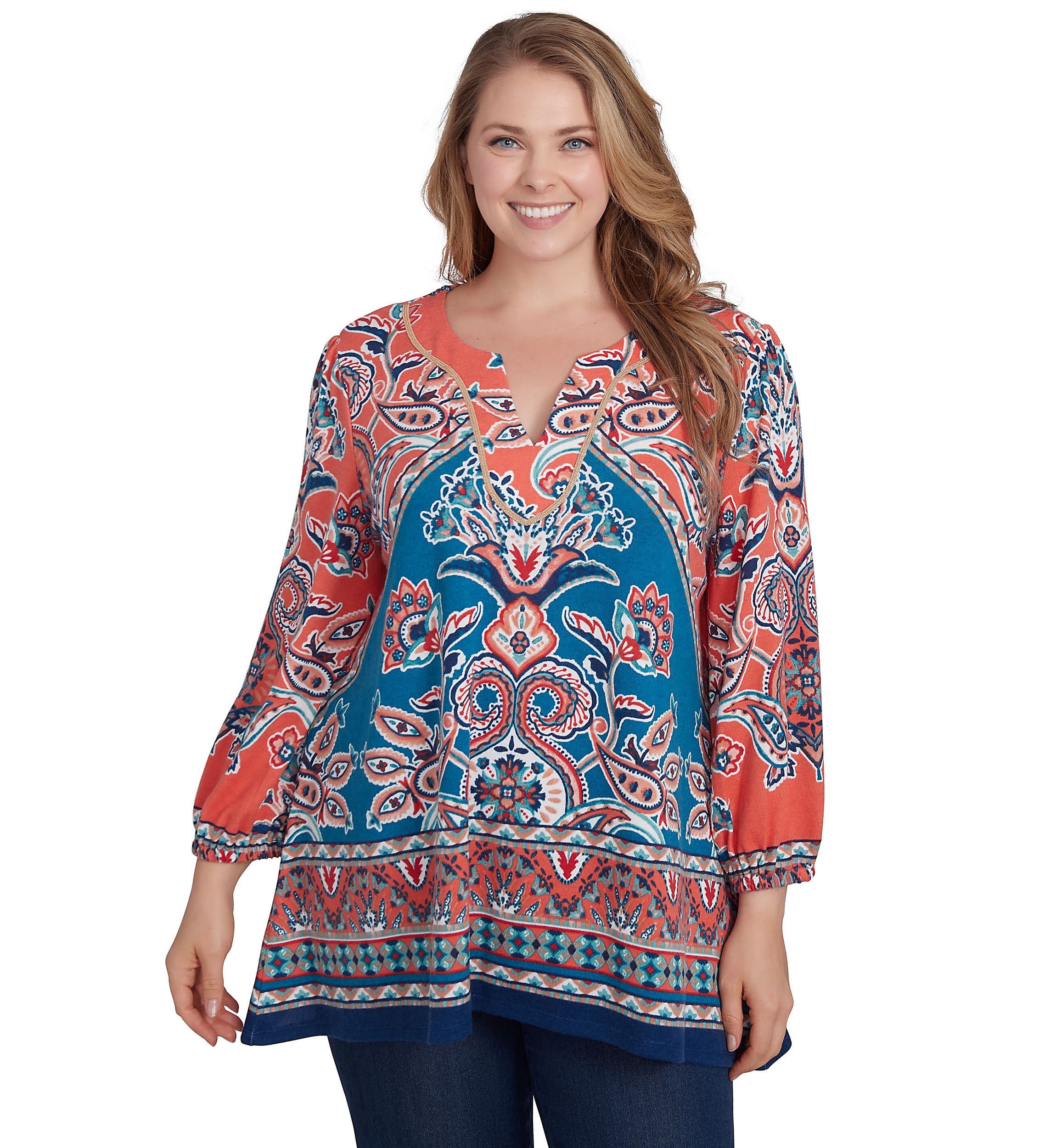 Plus Size Embellished Split Neck Baroque Motif Printed Hatchi Knit Top with Balloon Sleeves