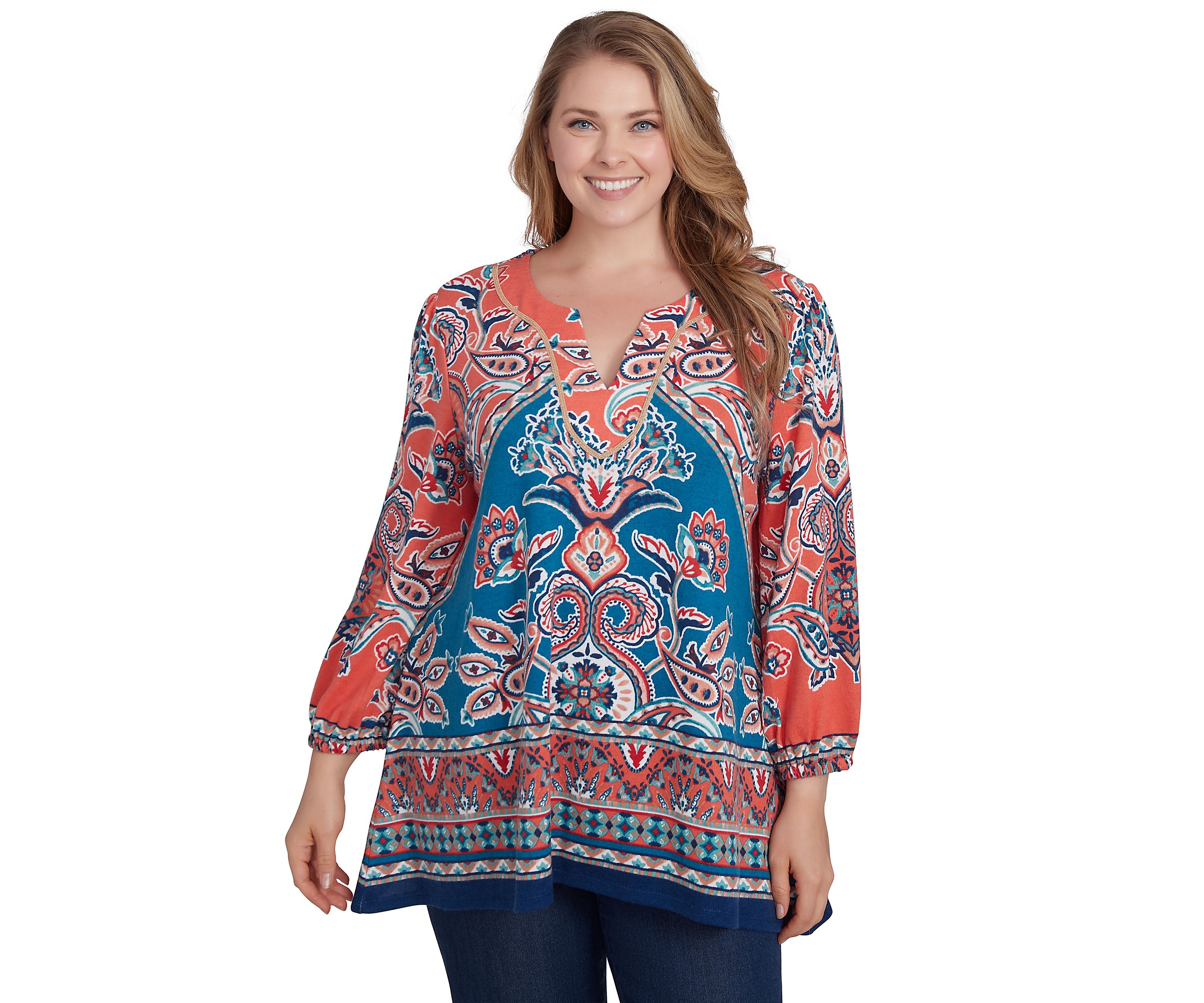 Plus Size Embellished Split Neck Baroque Motif Printed Hatchi Knit Top with Balloon Sleeves