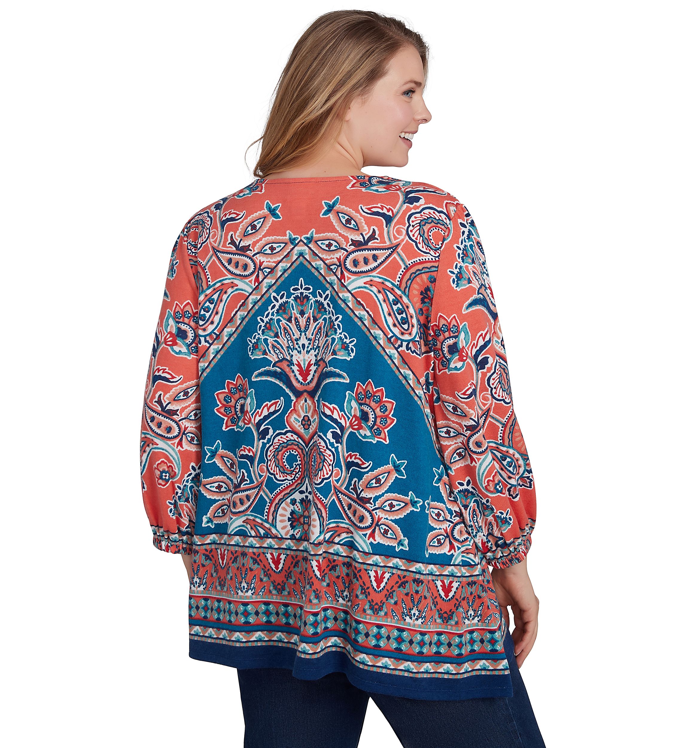 Plus Size Embellished Split Neck Baroque Motif Printed Hatchi Knit Top with Balloon Sleeves