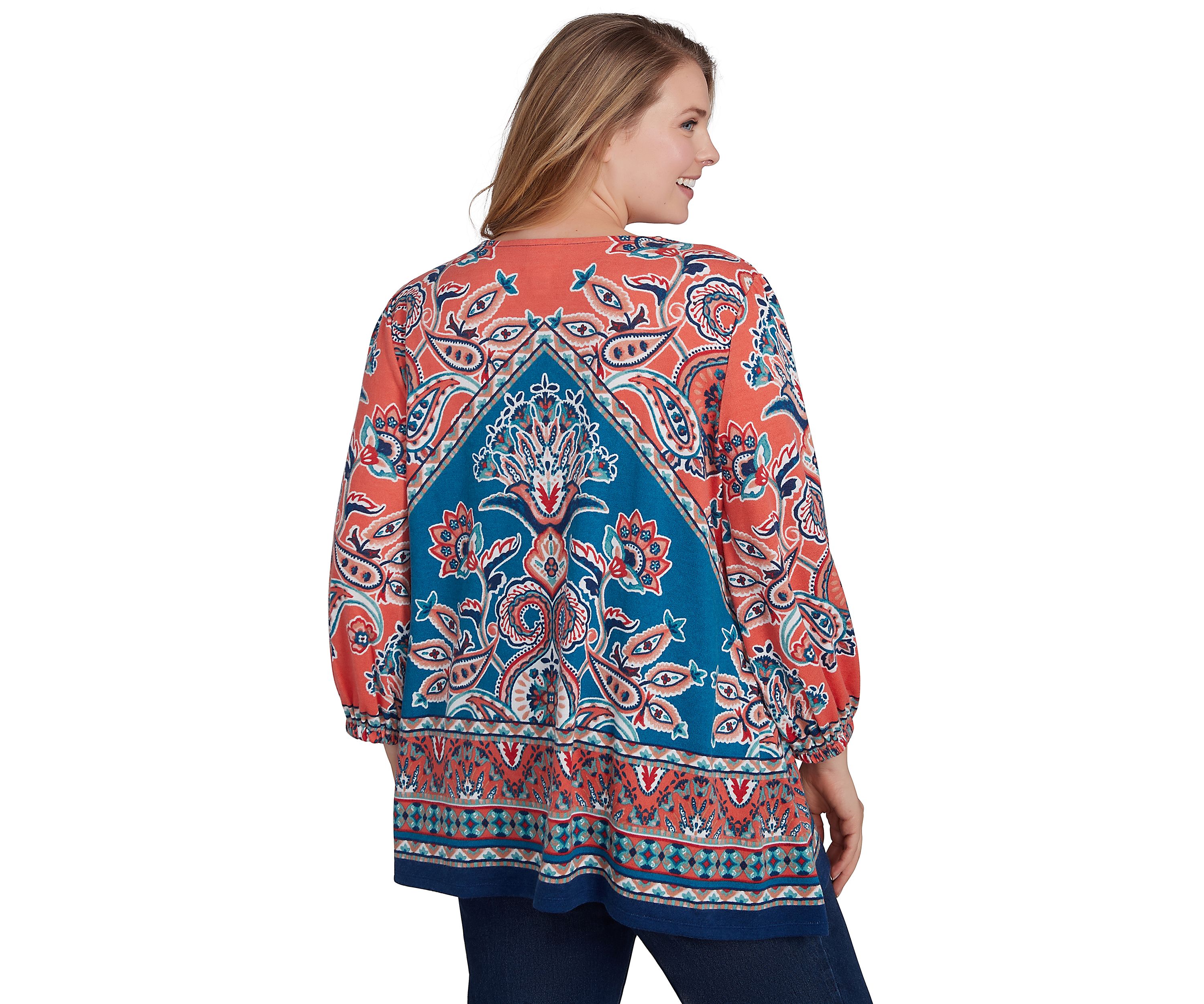 Plus Size Embellished Split Neck Baroque Motif Printed Hatchi Knit Top with Balloon Sleeves