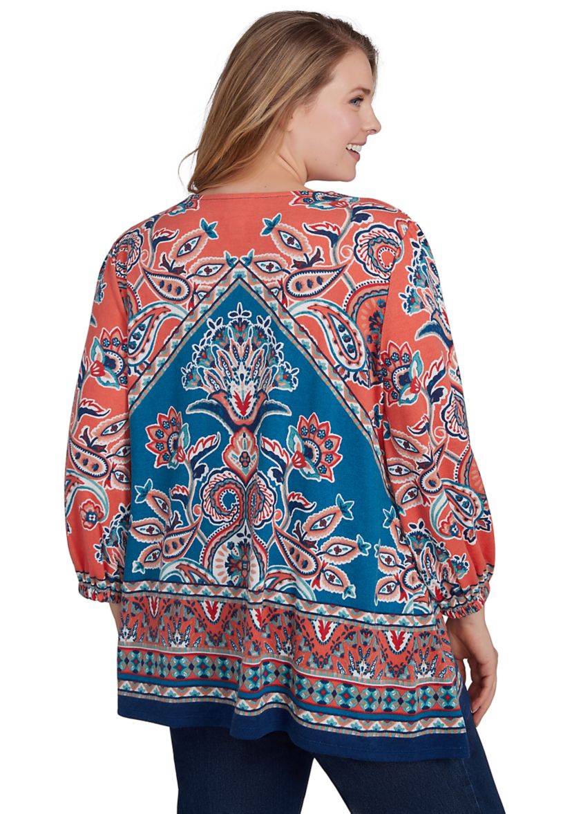 Plus Size Embellished Split Neck Baroque Motif Printed Hatchi Knit Top with Balloon Sleeves
