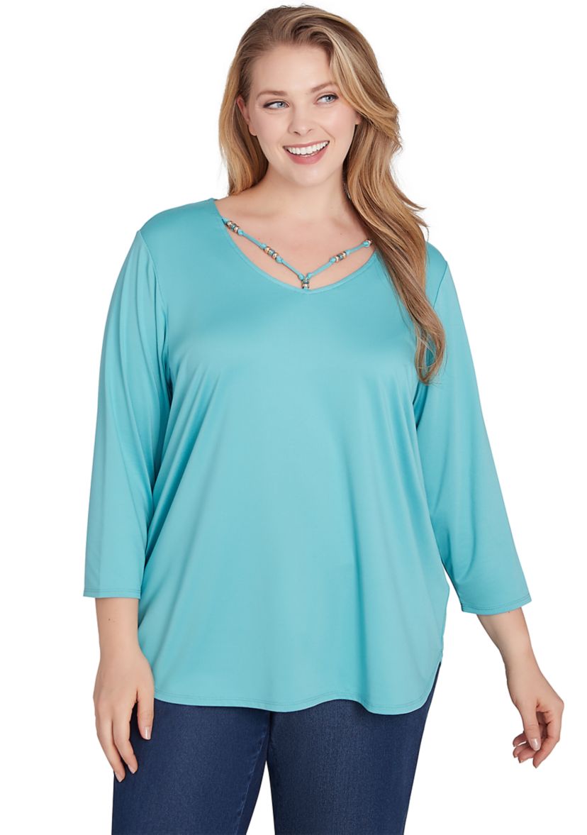 Plus Size V-Neck Solid Knit Top with Bead Detail