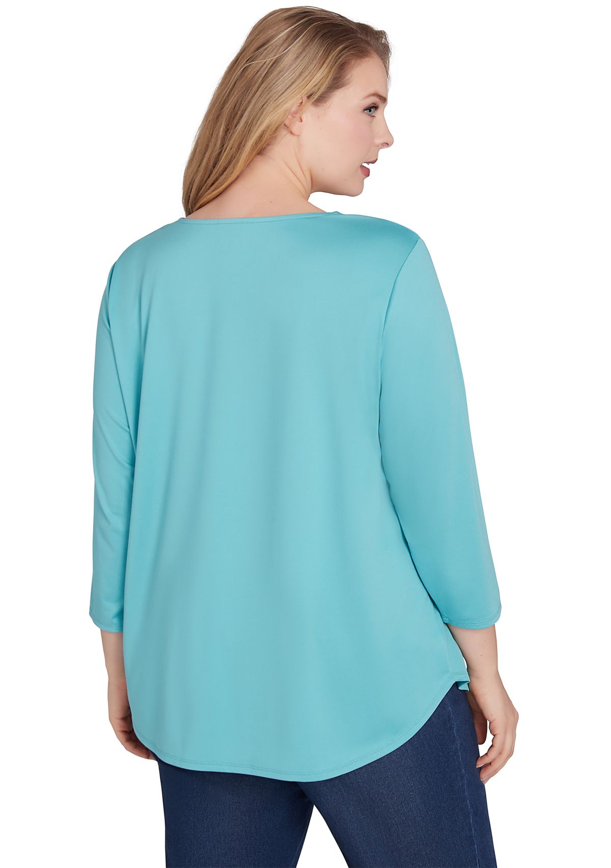 Plus Size V-Neck Solid Knit Top with Bead Detail