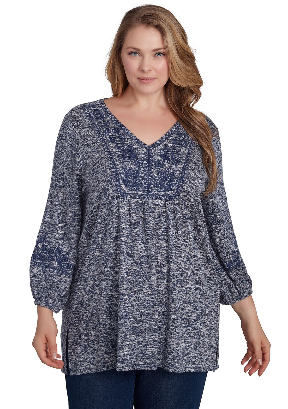 Plus Size Embroidered V-Neck Hatchi Spacedye Knit Top with Balloon Sleeve