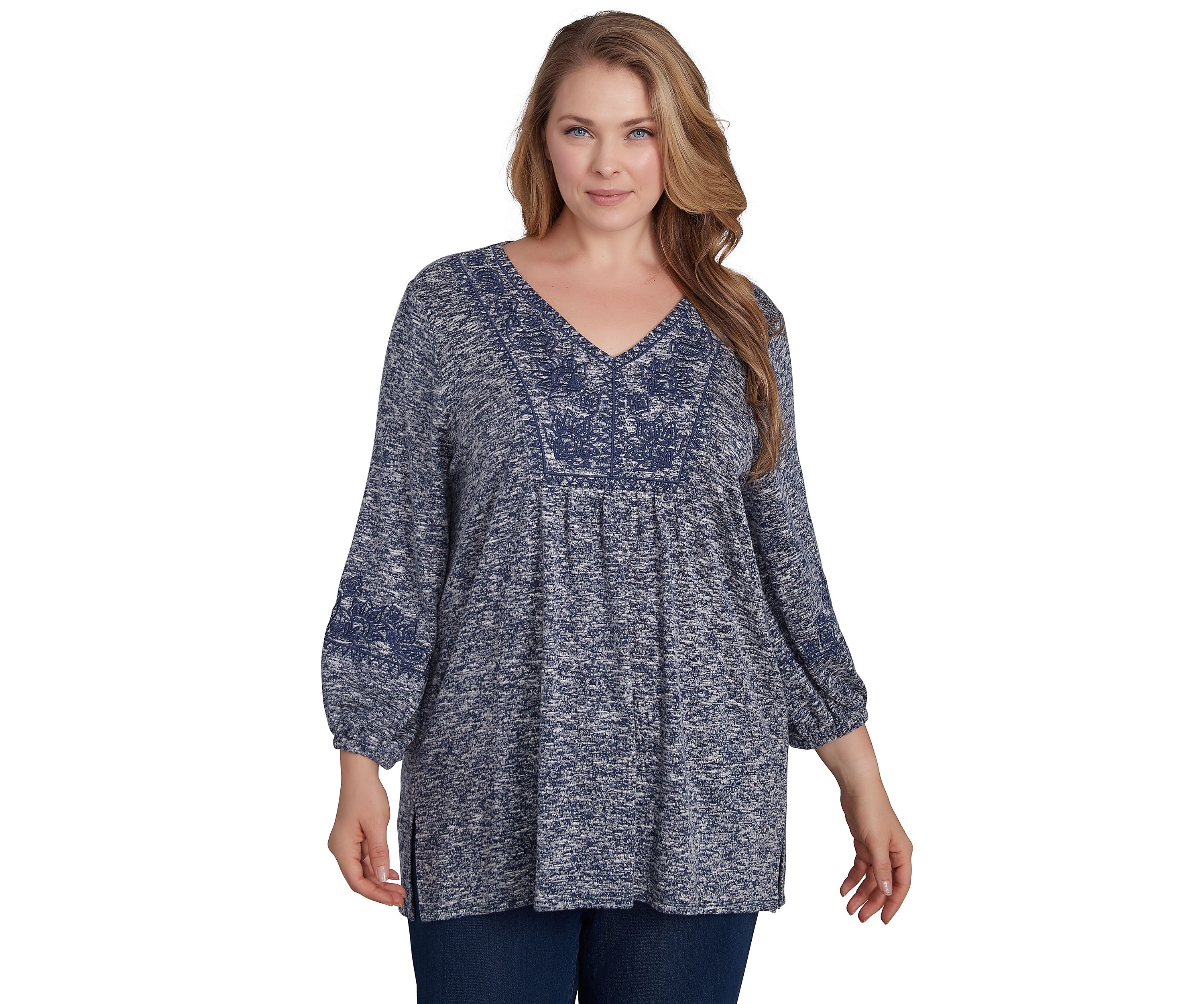 Plus Size Embroidered V-Neck Hatchi Spacedye Knit Top with Balloon Sleeve
