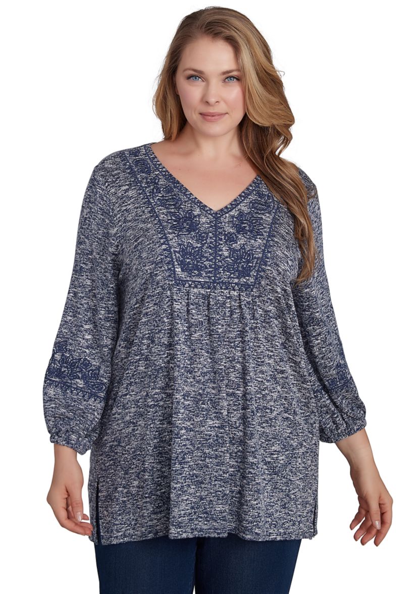 Plus Size Embroidered V-Neck Hatchi Spacedye Knit Top with Balloon Sleeve