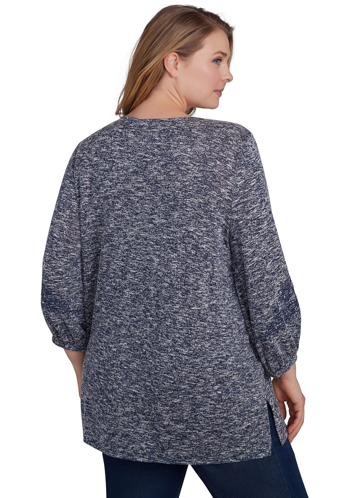 Plus Size Embroidered V-Neck Hatchi Spacedye Knit Top with Balloon Sleeve