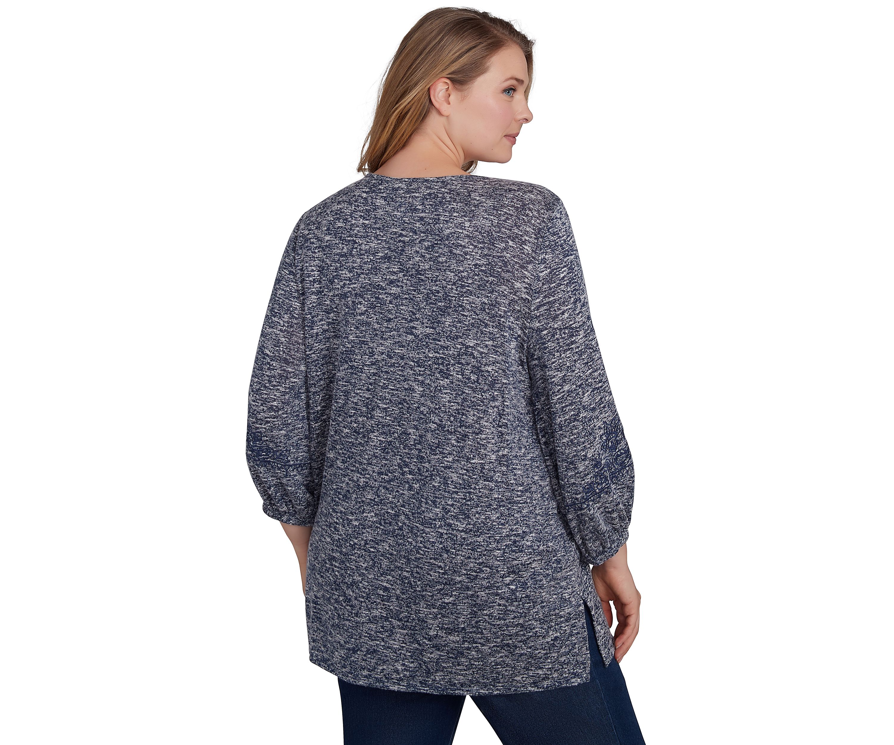 Plus Size Embroidered V-Neck Hatchi Spacedye Knit Top with Balloon Sleeve