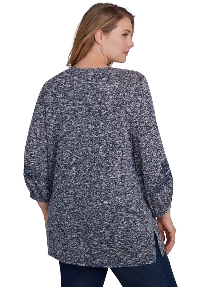 Plus Size Embroidered V-Neck Hatchi Spacedye Knit Top with Balloon Sleeve