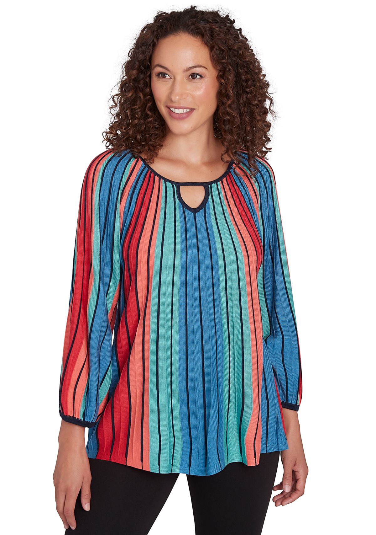 Plus Size Ballet Neck Gored Stripe Sweater With Three Quarter Balloon Sleeves