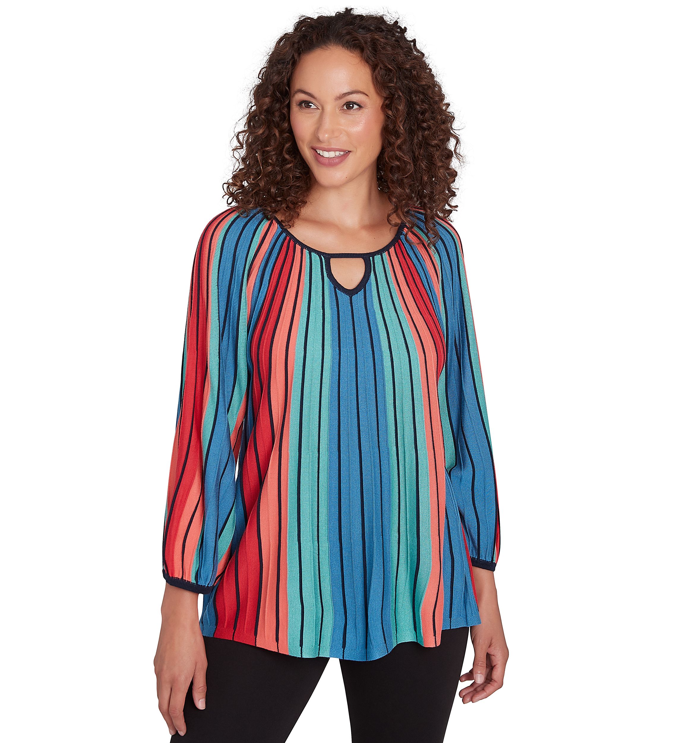 Plus Size Ballet Neck Gored Stripe Sweater With Three Quarter Balloon Sleeves