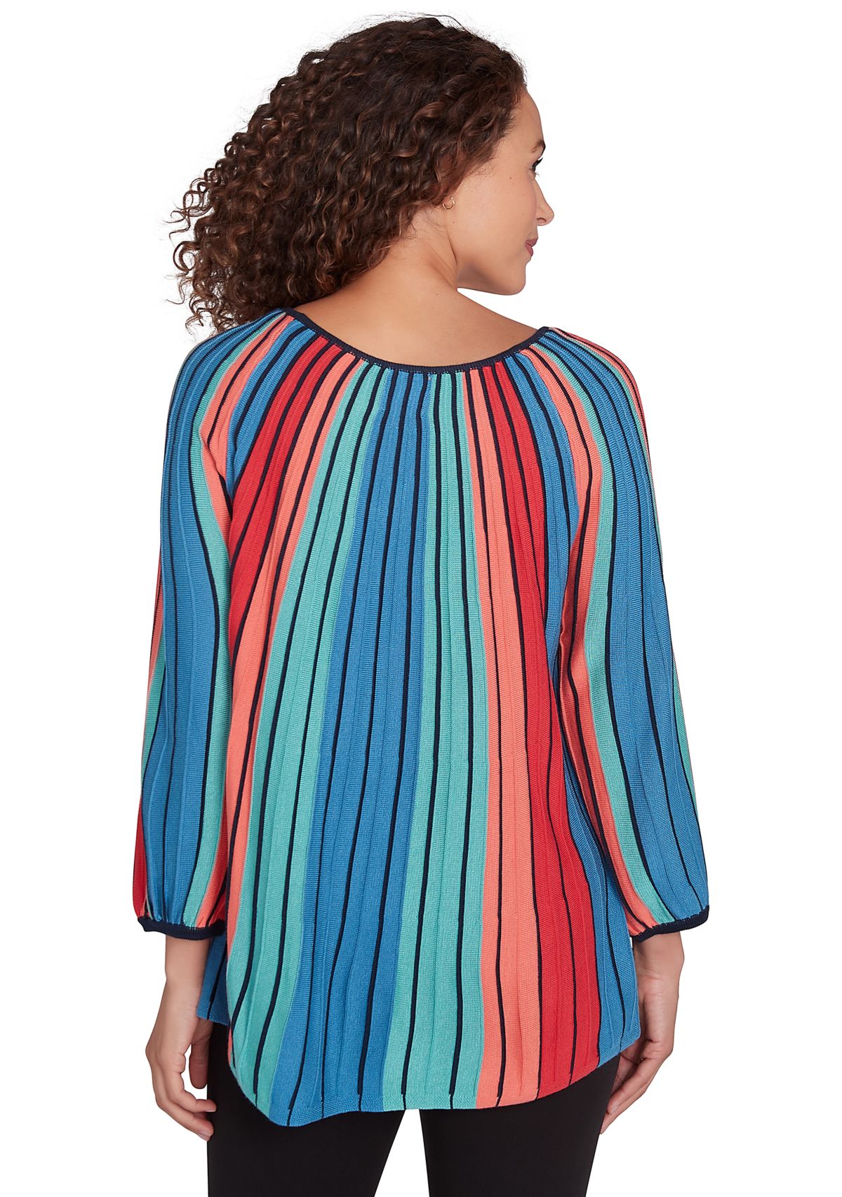 Plus Size Ballet Neck Gored Stripe Sweater With Three Quarter Balloon Sleeves