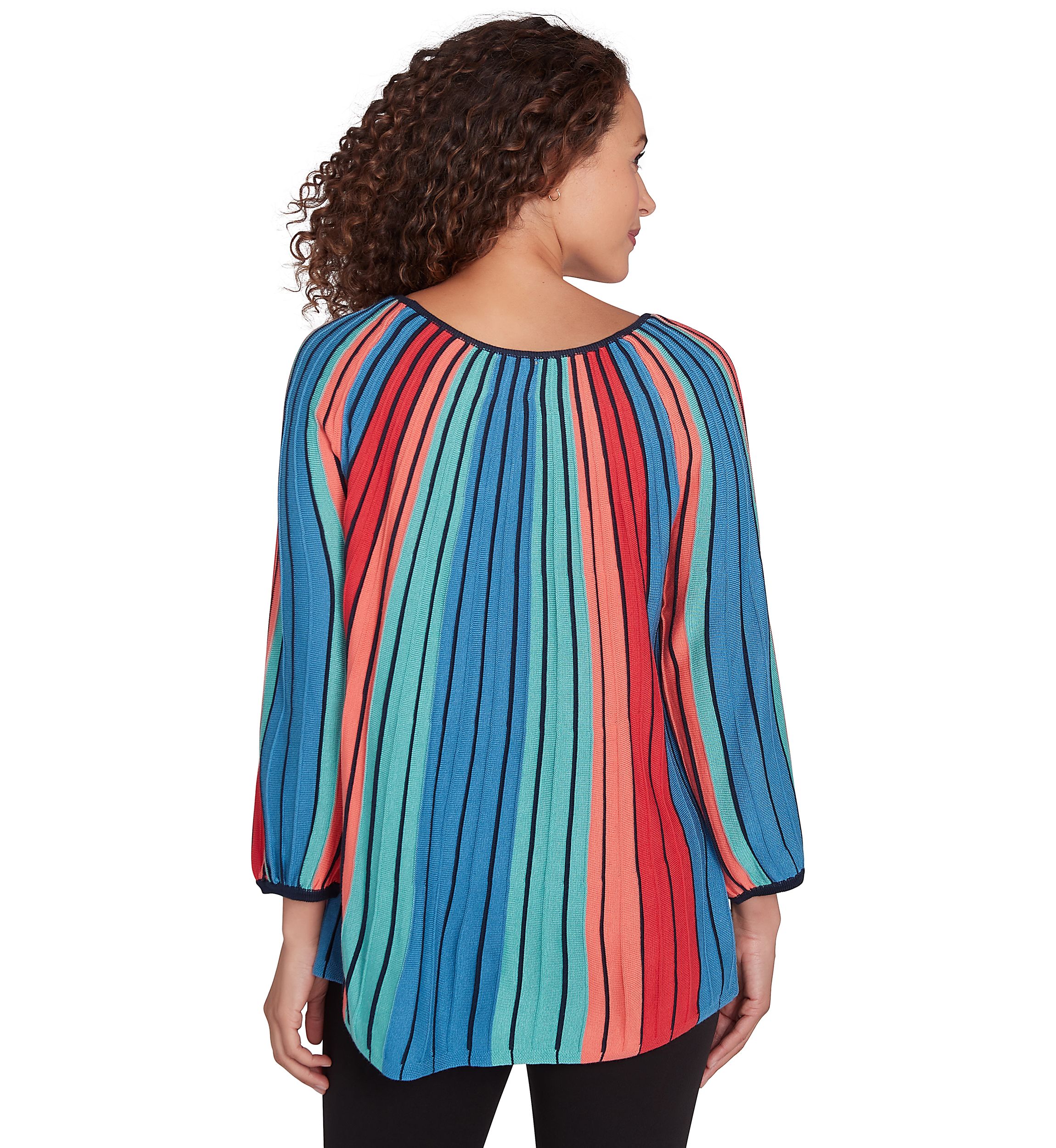 Plus Size Ballet Neck Gored Stripe Sweater With Three Quarter Balloon Sleeves