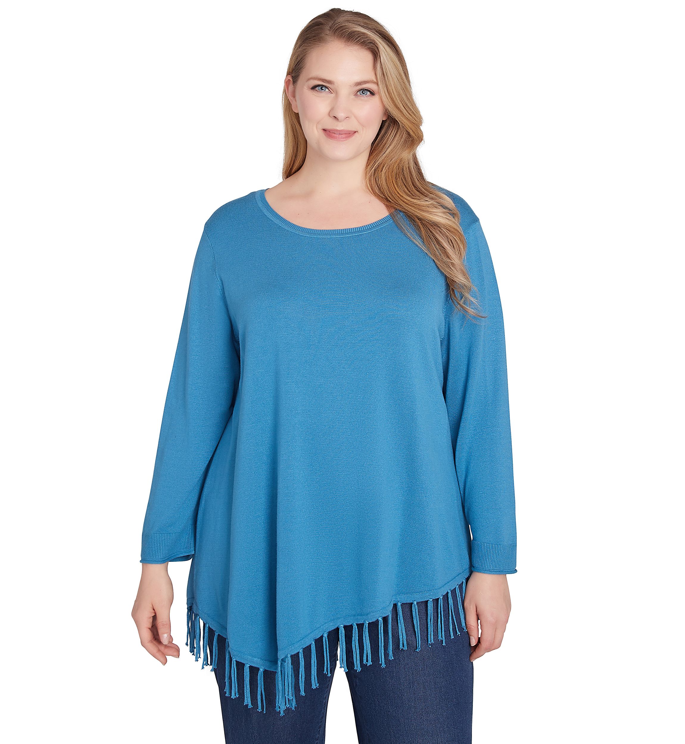 Plus Size Scoop Neck Solid Fine Gauge Pullover Sweater with Fringe Asymmetric Hem