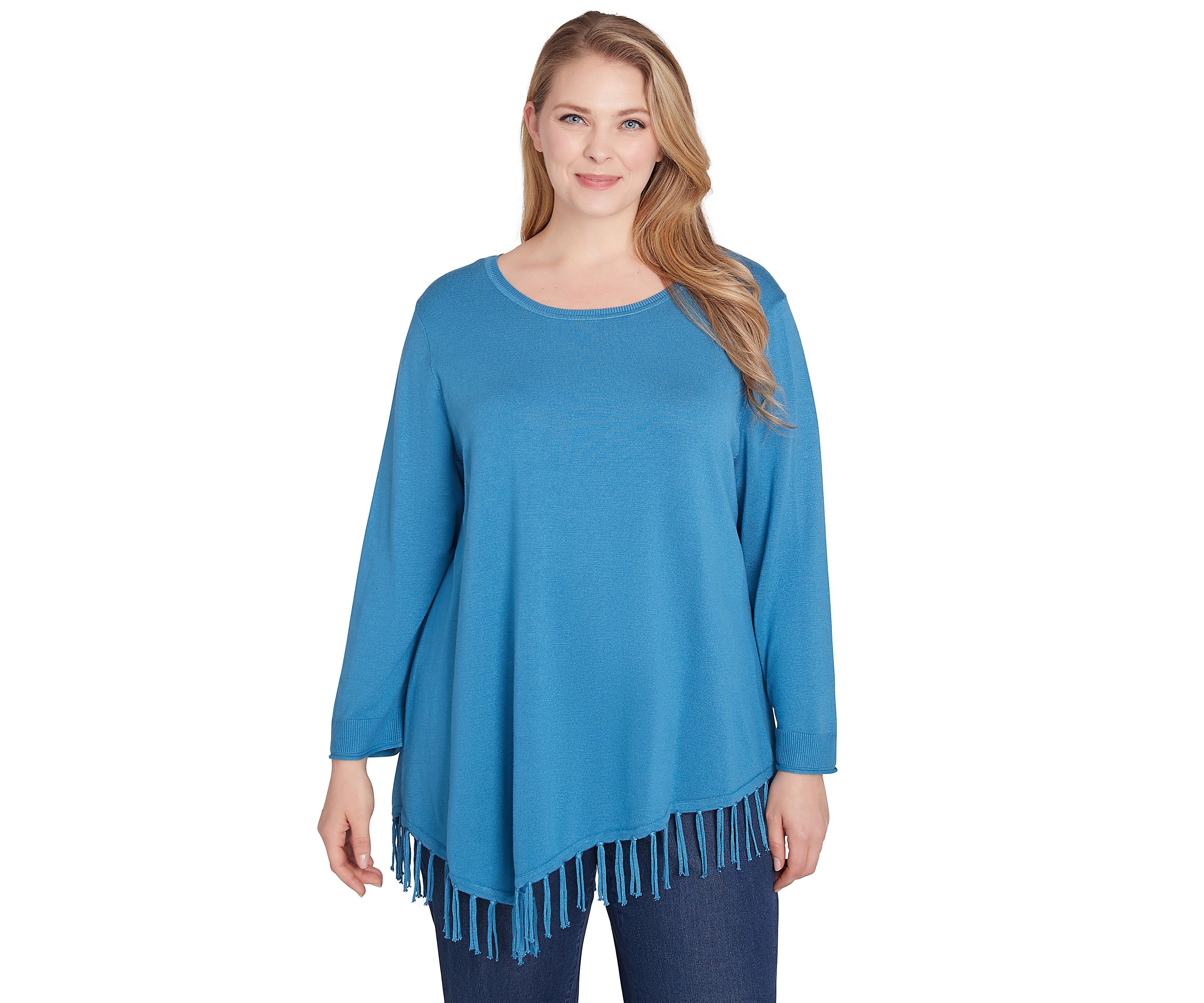 Plus Size Scoop Neck Solid Fine Gauge Pullover Sweater with Fringe Asymmetric Hem