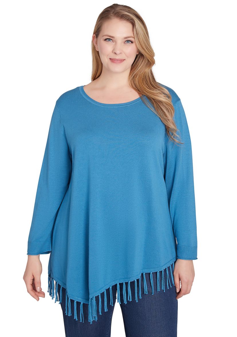 Plus Size Scoop Neck Solid Fine Gauge Pullover Sweater with Fringe Asymmetric Hem