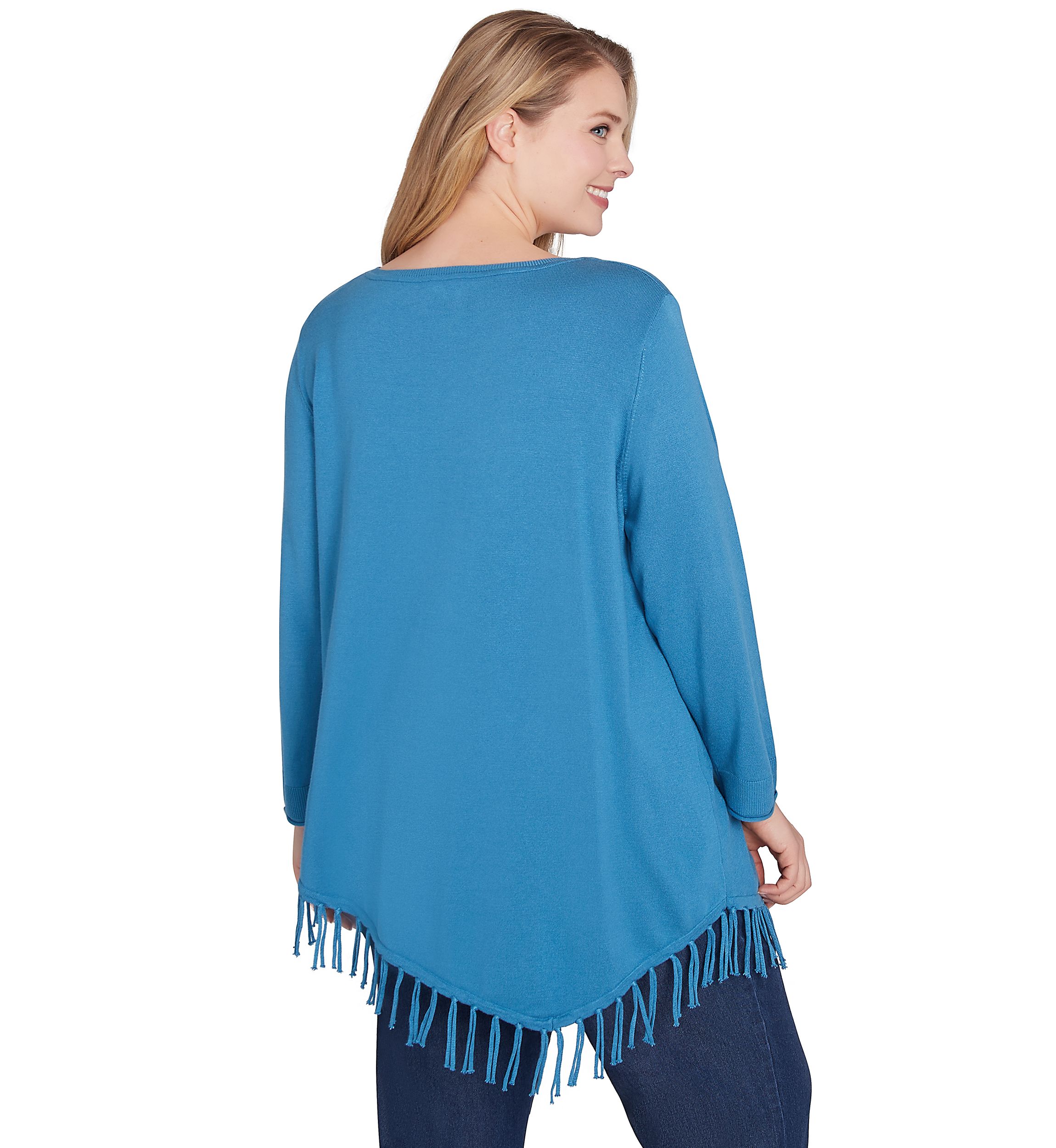 Plus Size Scoop Neck Solid Fine Gauge Pullover Sweater with Fringe Asymmetric Hem