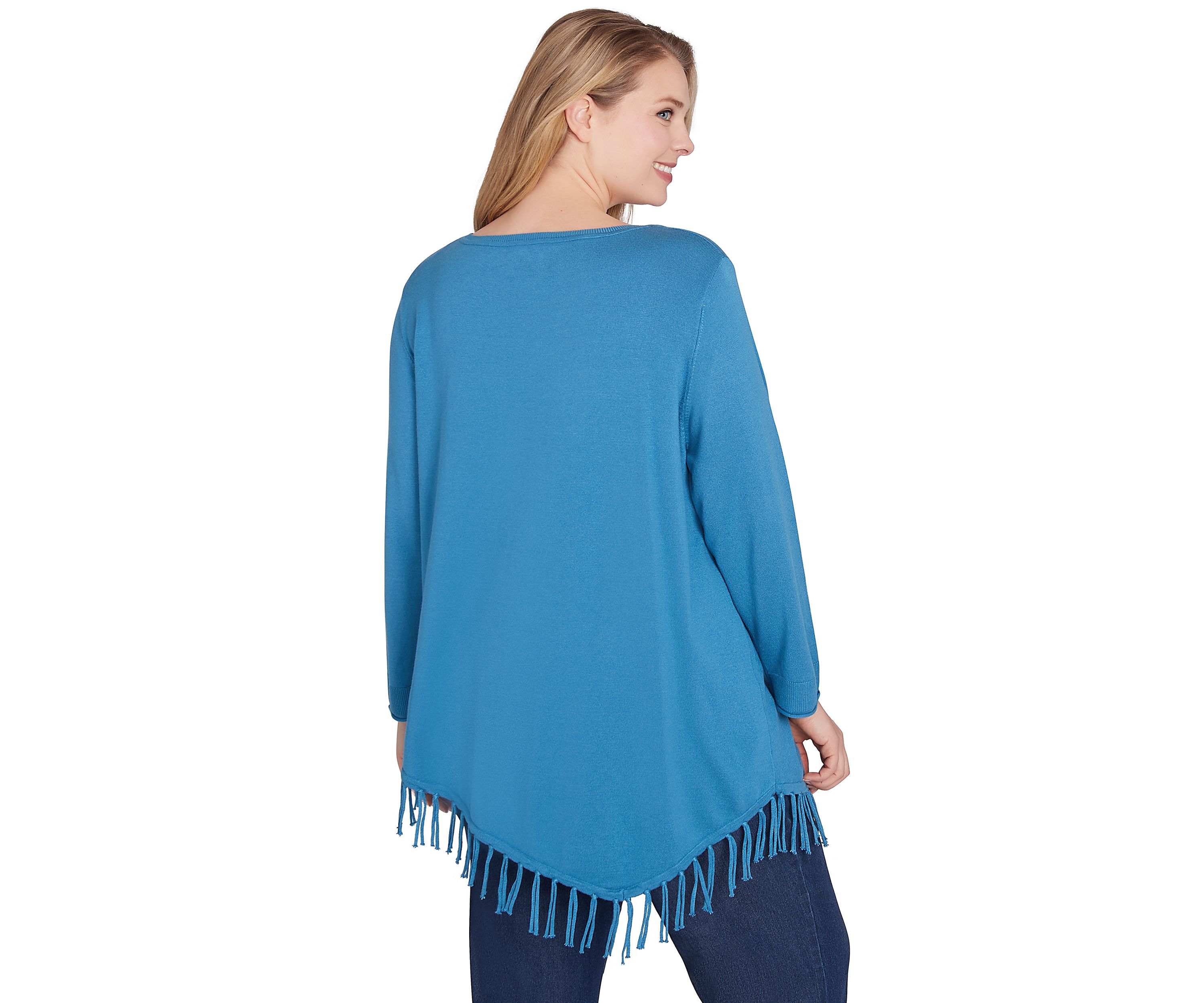 Plus Size Scoop Neck Solid Fine Gauge Pullover Sweater with Fringe Asymmetric Hem