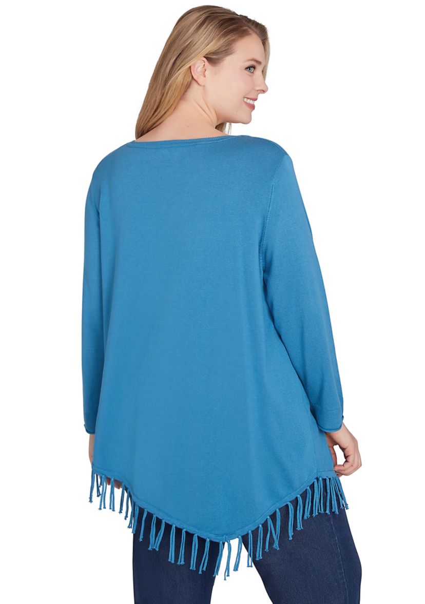 Plus Size Scoop Neck Solid Fine Gauge Pullover Sweater with Fringe Asymmetric Hem