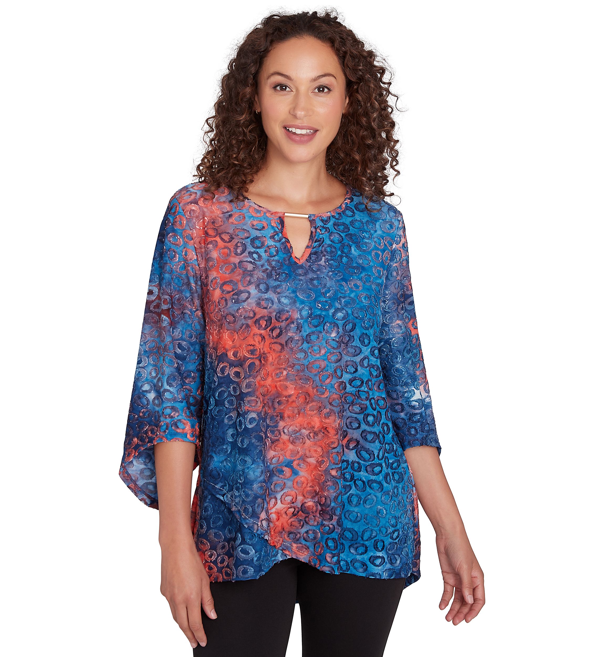 Plus Size Keyhole Neck Tie Dyed Spots Jacquard Knit Top