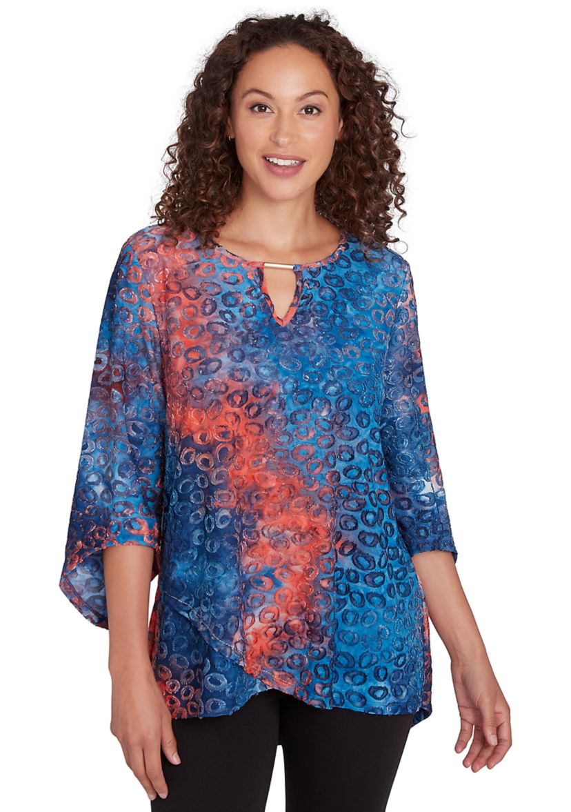 Plus Size Keyhole Neck Tie Dyed Spots Jacquard Knit Top