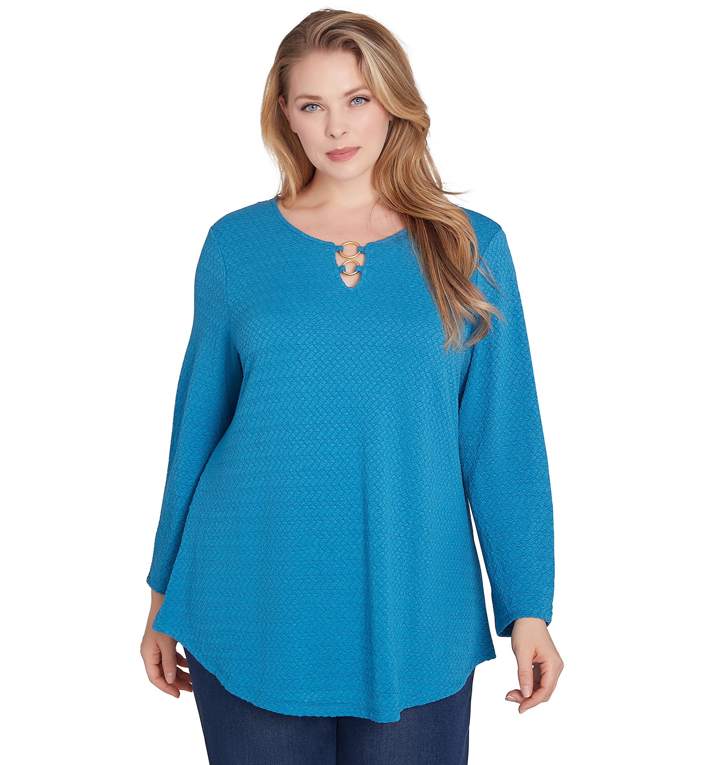 Plus Size Keyhole Neck with Ring Detail Solid Textural Knit Top