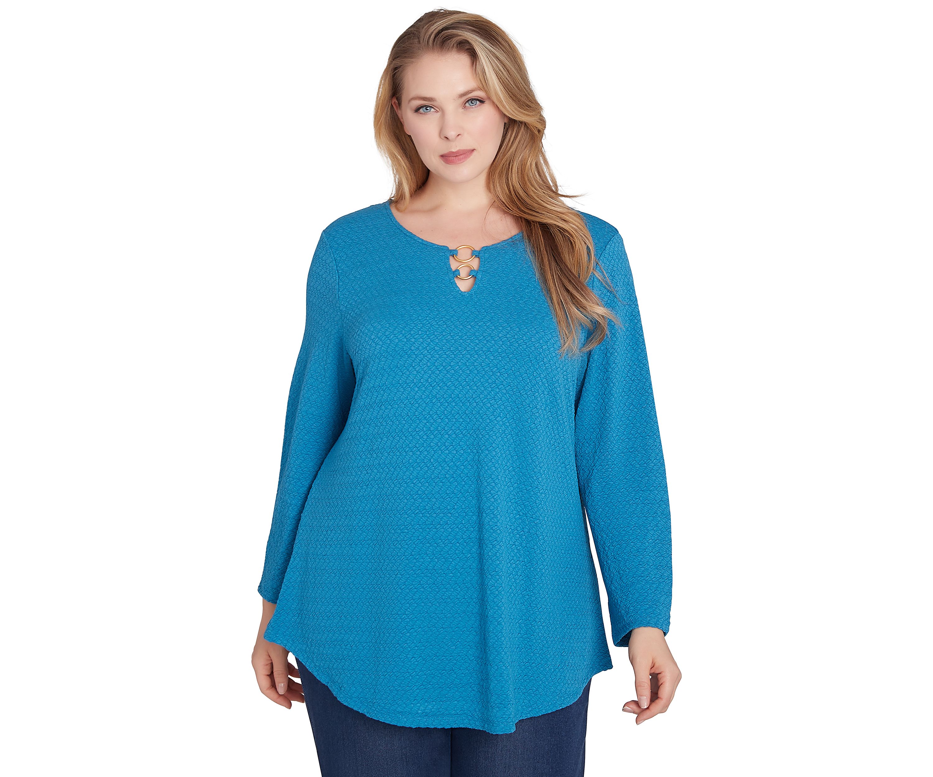 Plus Size Keyhole Neck with Ring Detail Solid Textural Knit Top