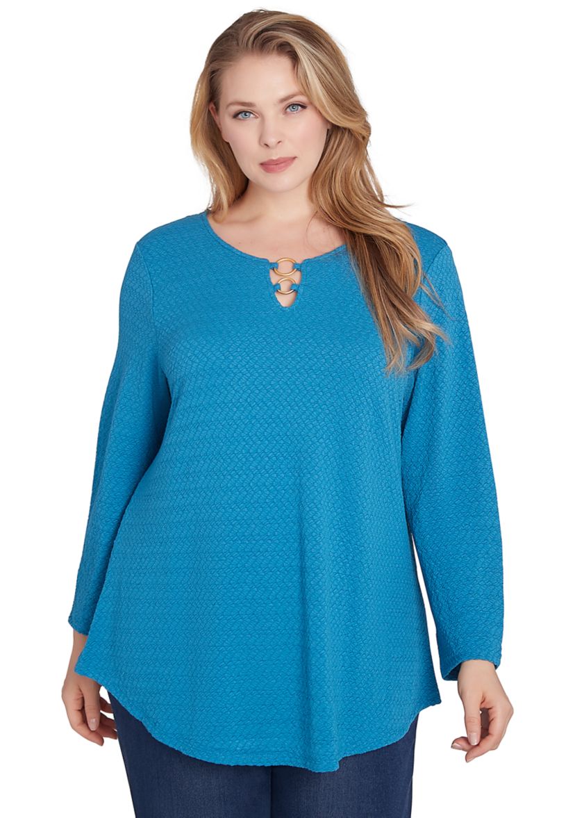 Plus Size Keyhole Neck with Ring Detail Solid Textural Knit Top