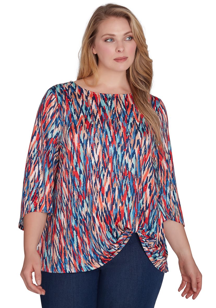 Plus Size Boat Neck Ikat Dew Drop Printed Knit Top with Twist Front Detail