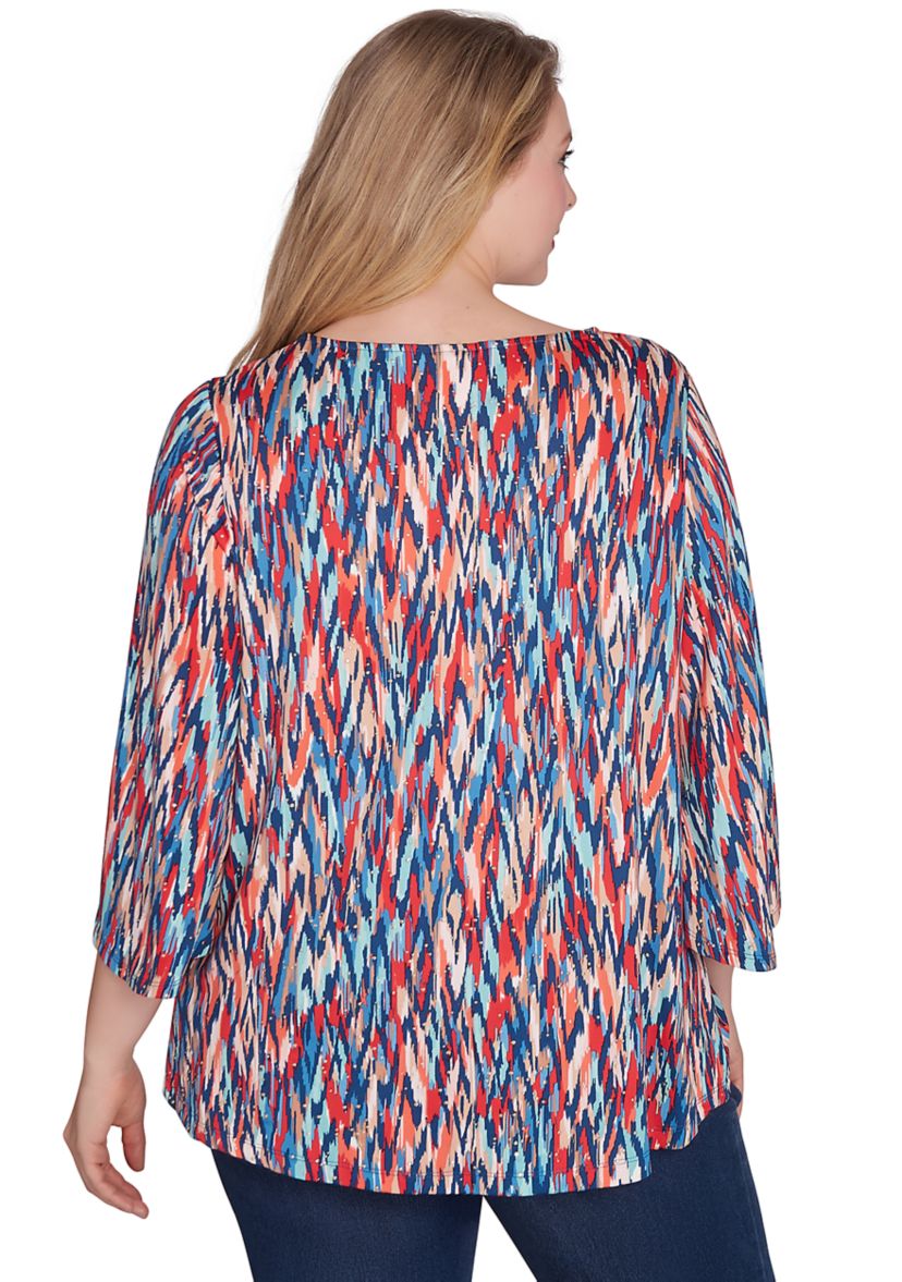 Plus Size Boat Neck Ikat Dew Drop Printed Knit Top with Twist Front Detail