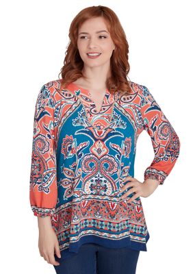 Ruby Rd Women's Petite Embellished Split Neck Baroque Motif Printed Hacci Knit Top with Balloon Sleeves
