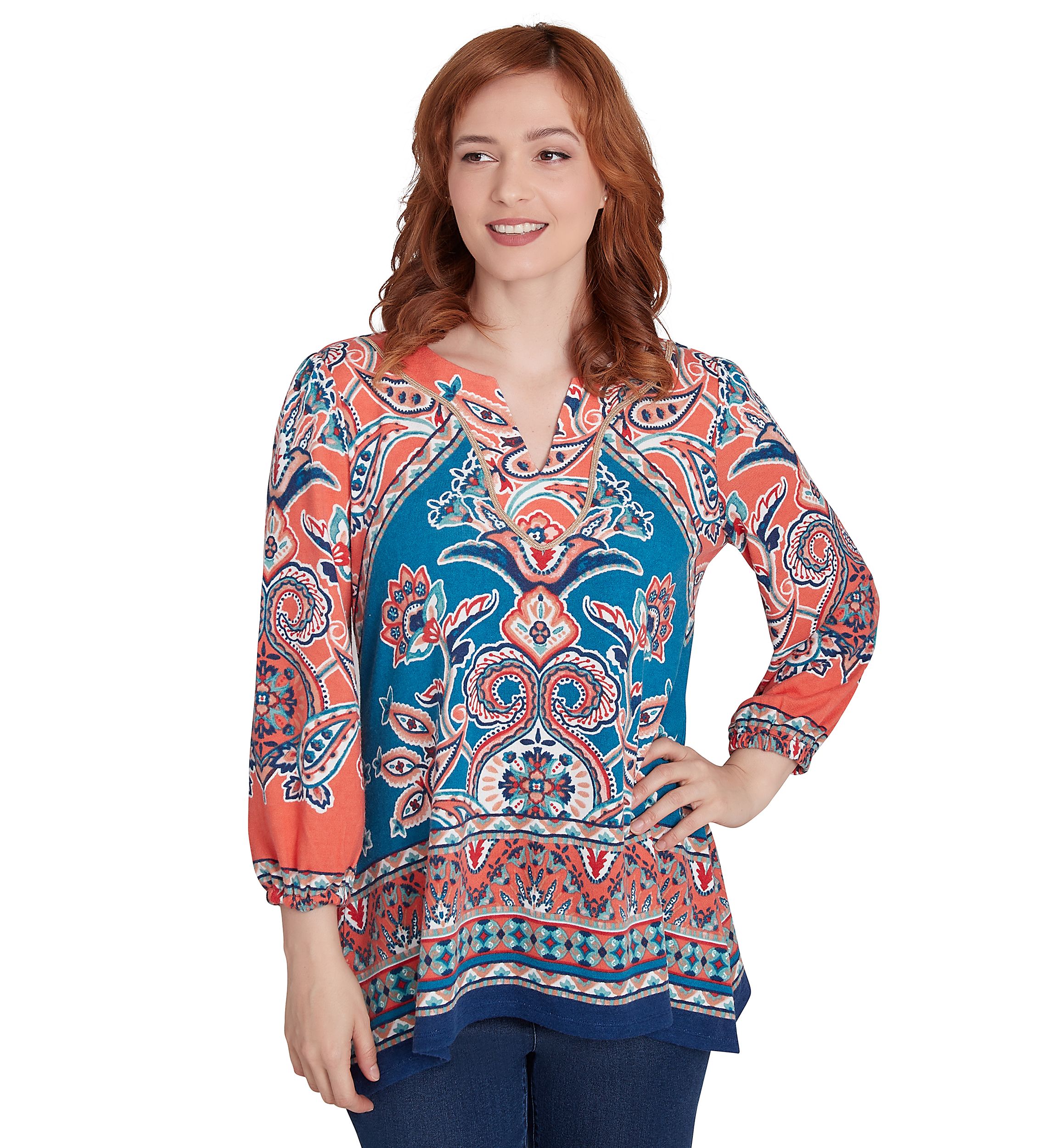 Petite Embellished Split Neck Baroque Motif Printed Hacci Knit Top with Balloon Sleeves