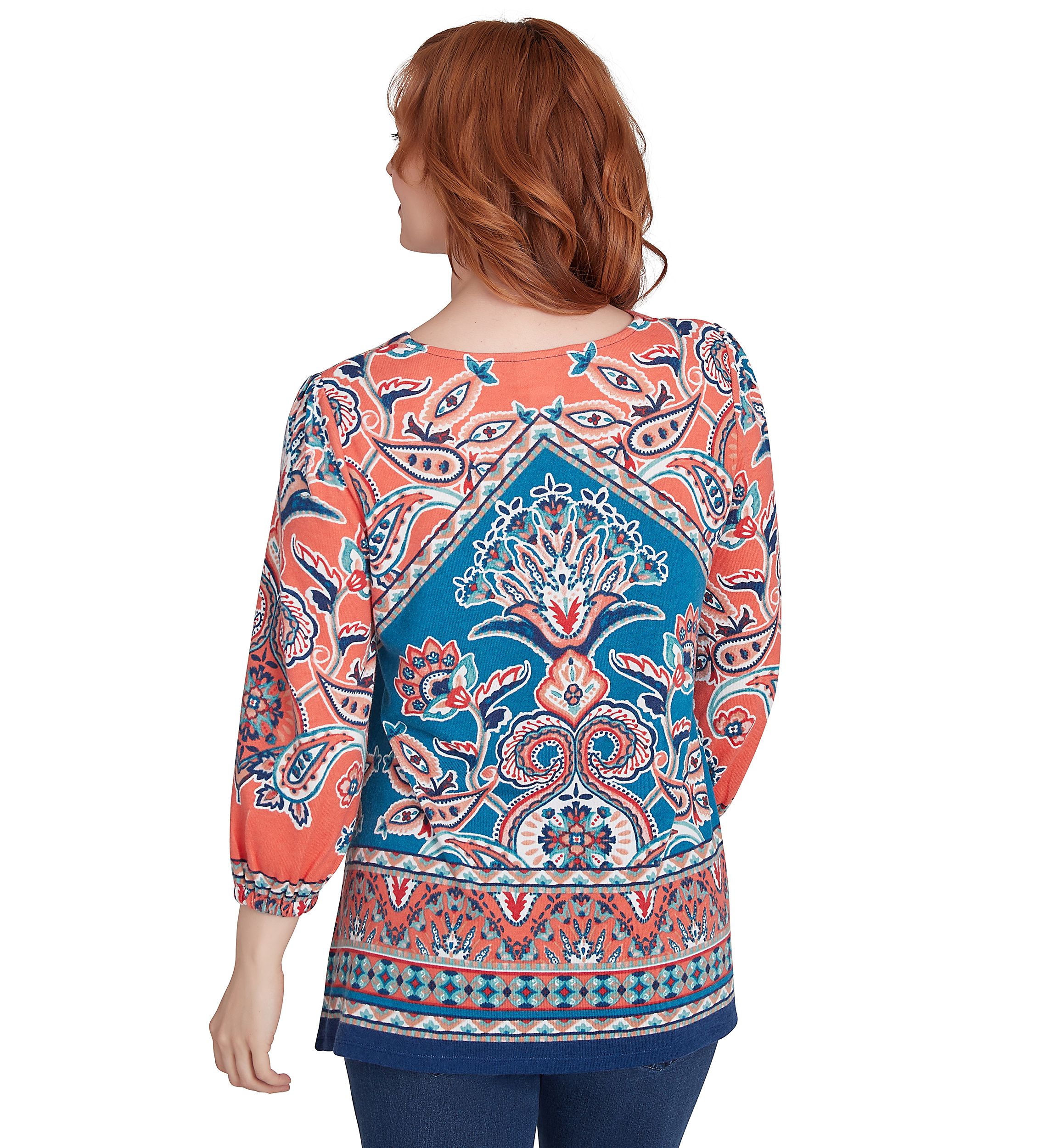 Petite Embellished Split Neck Baroque Motif Printed Hacci Knit Top with Balloon Sleeves