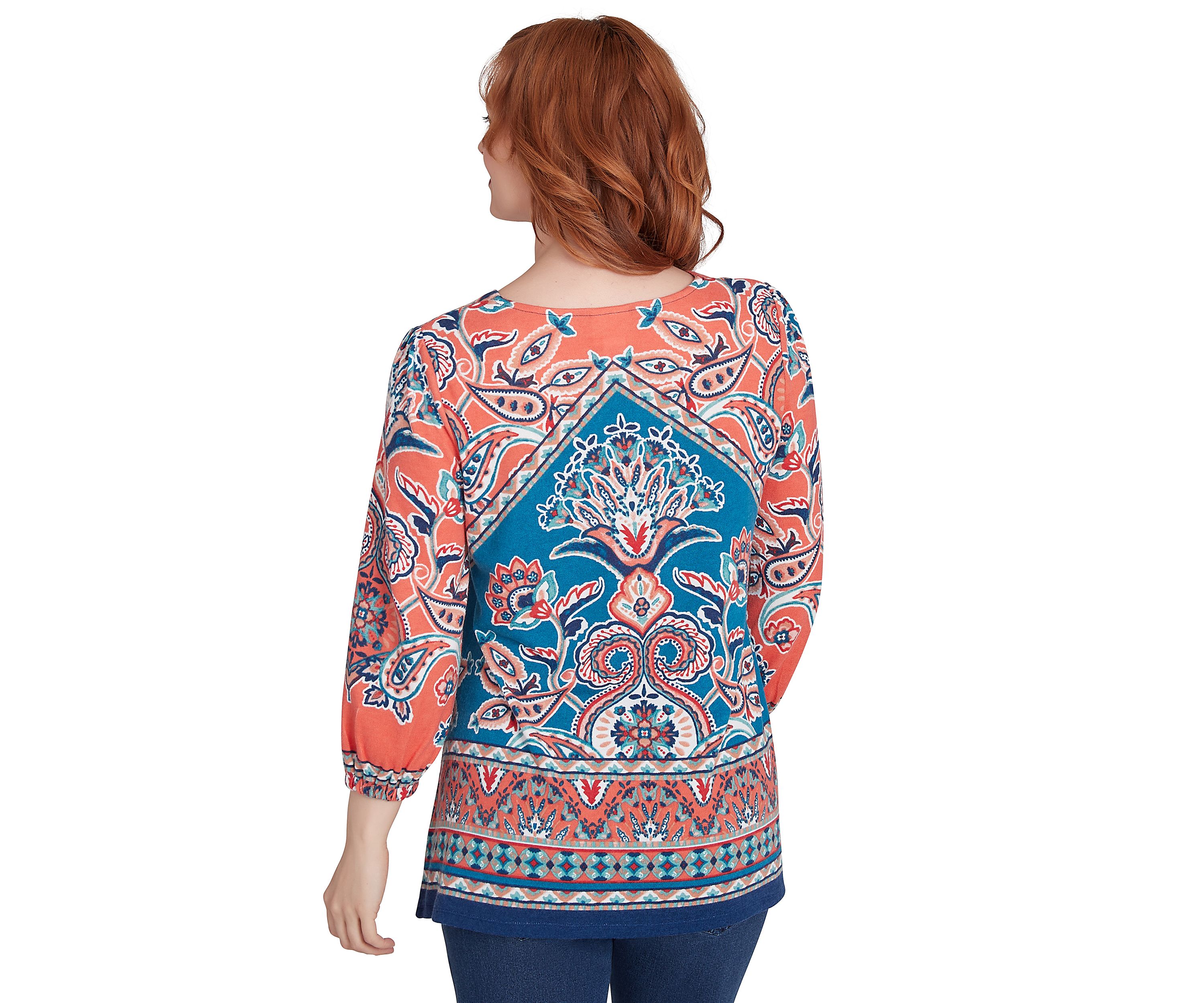 Petite Embellished Split Neck Baroque Motif Printed Hacci Knit Top with Balloon Sleeves