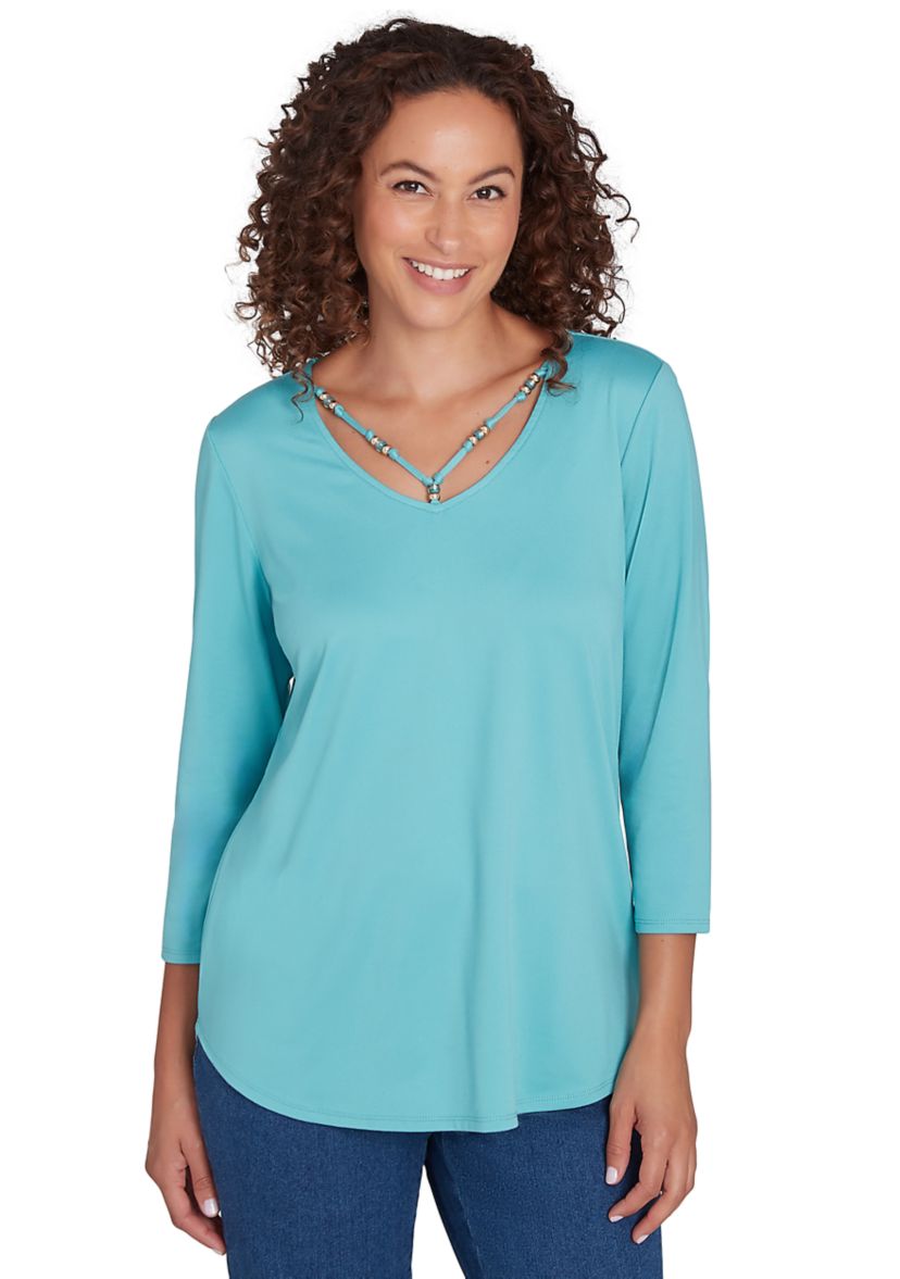 Petite V-Neck Solid Knit Top with Bead Detail