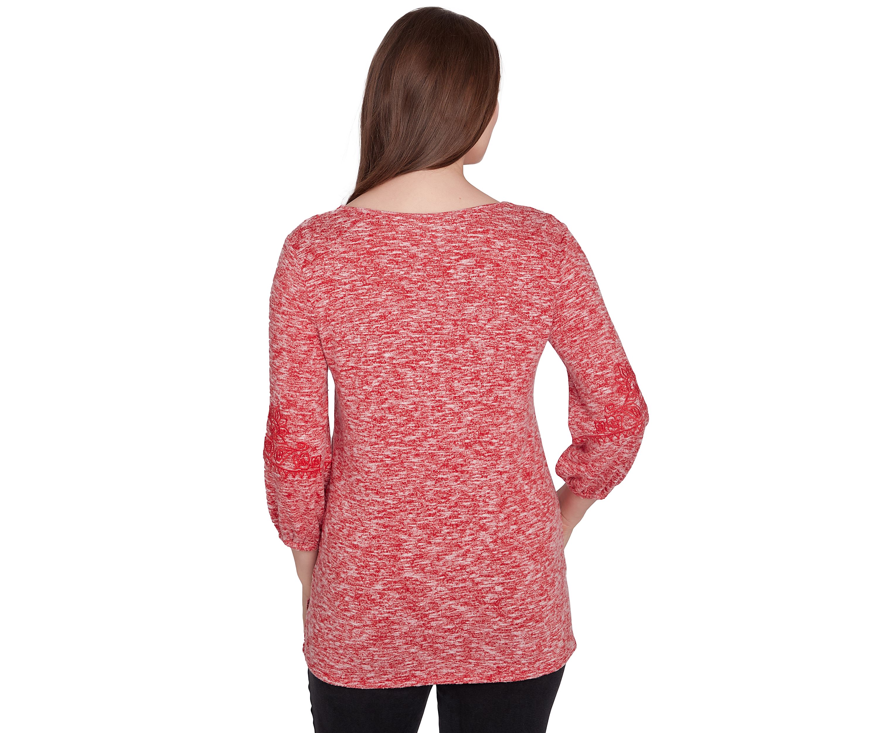 Petite Embroidered V-Neck Hacci Space Dye Knit Top with Balloon Sleeves