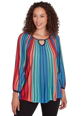 Ruby Rd Women's Petite Keyhole Neck Gored Stripe Sweater with Three Quarter Balloon Sleeves, PXL