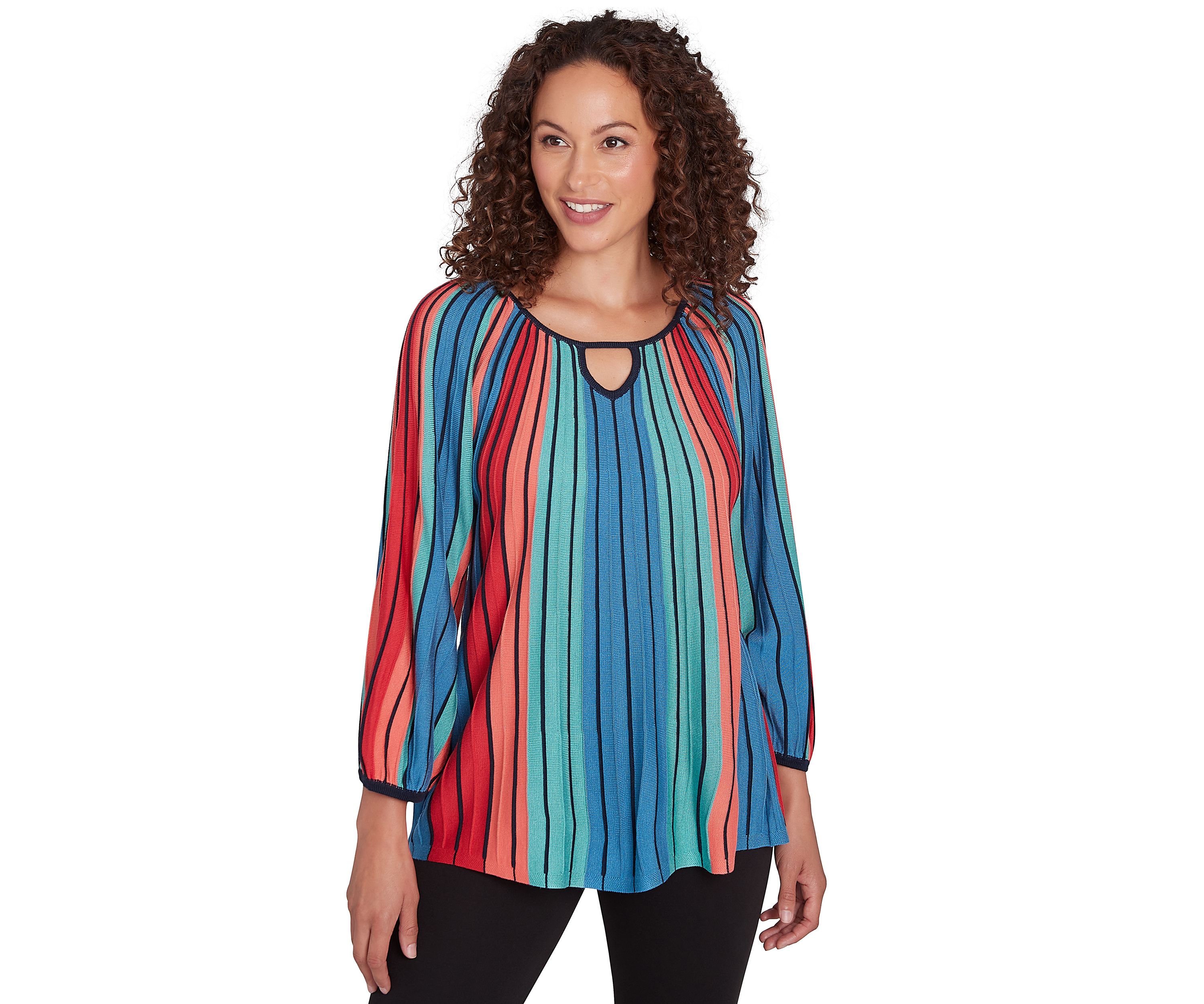 Petite Keyhole Neck Gored Stripe Sweater with Three Quarter Balloon Sleeves