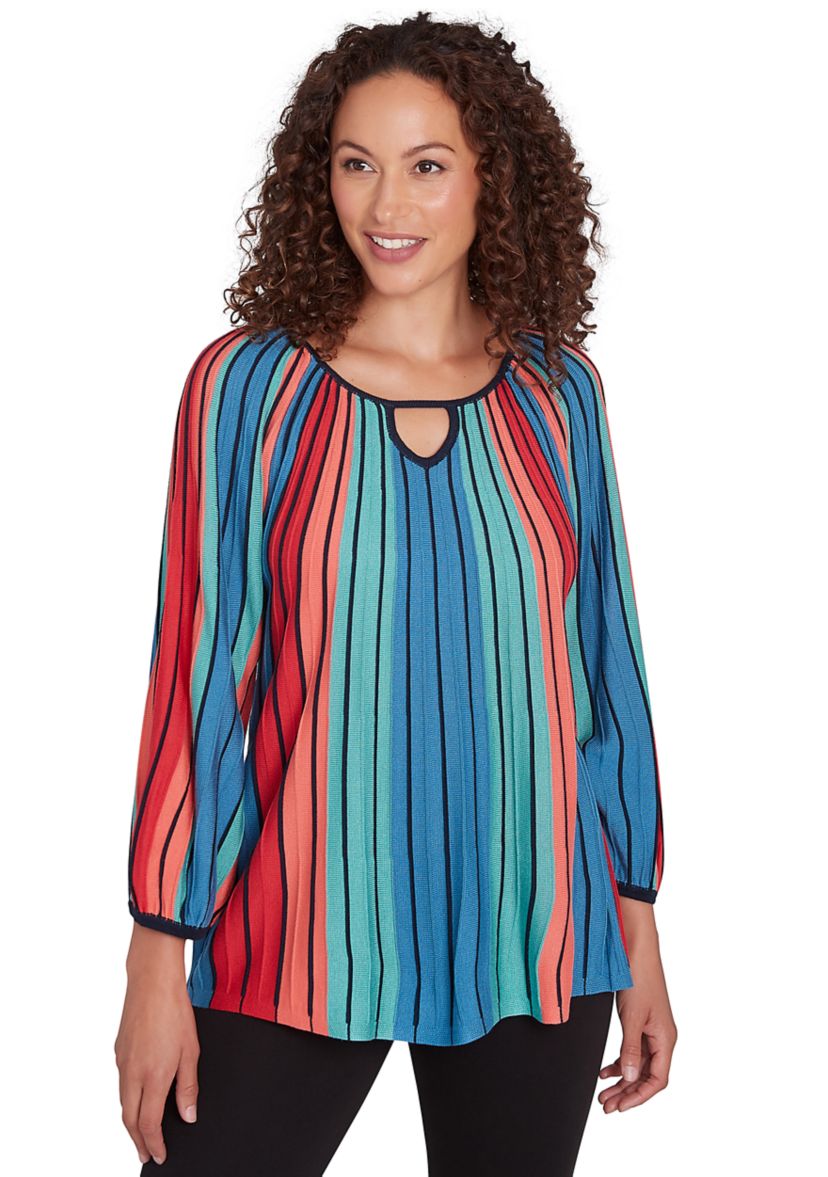 Petite Keyhole Neck Gored Stripe Sweater with Three Quarter Balloon Sleeves