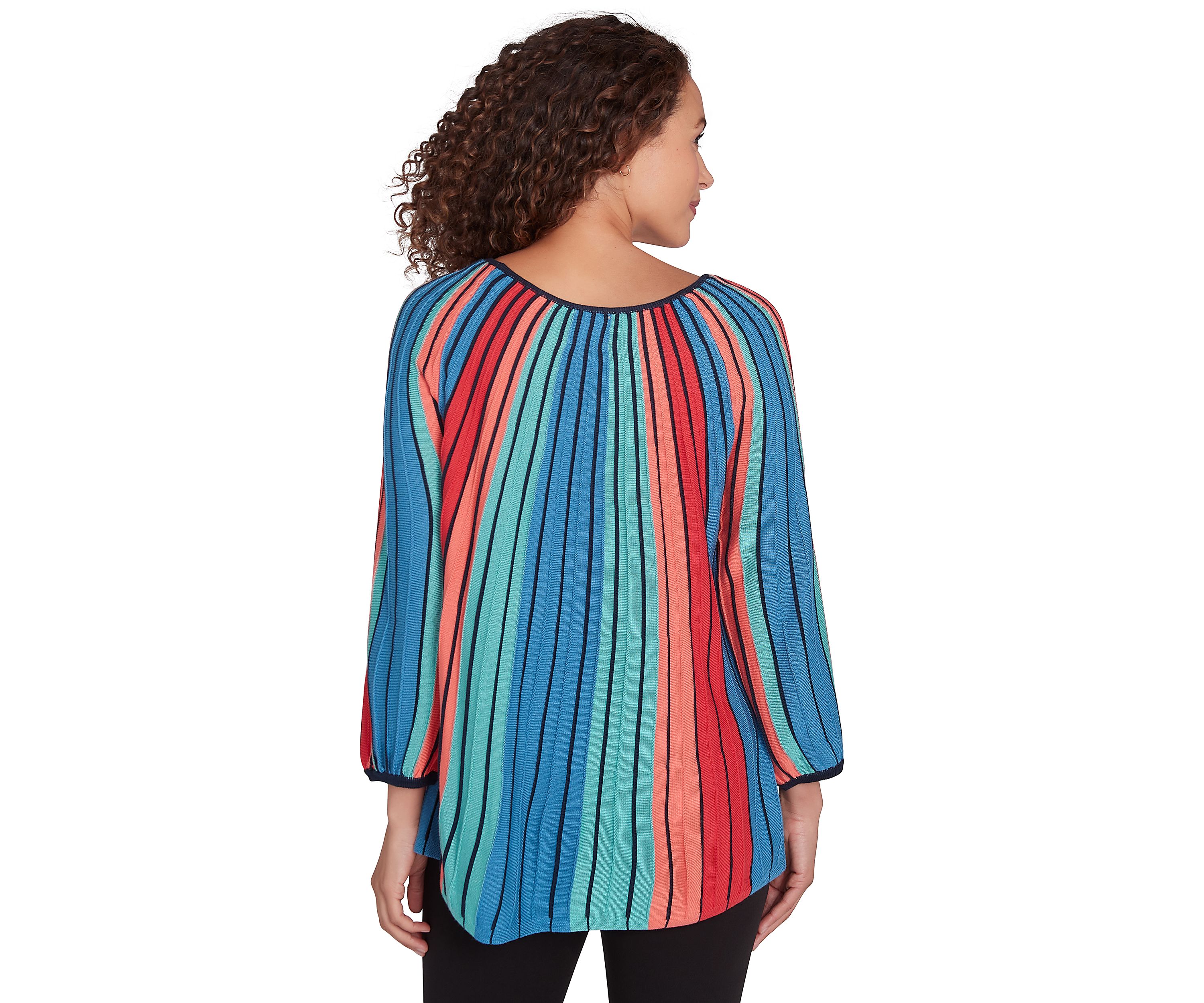 Petite Keyhole Neck Gored Stripe Sweater with Three Quarter Balloon Sleeves