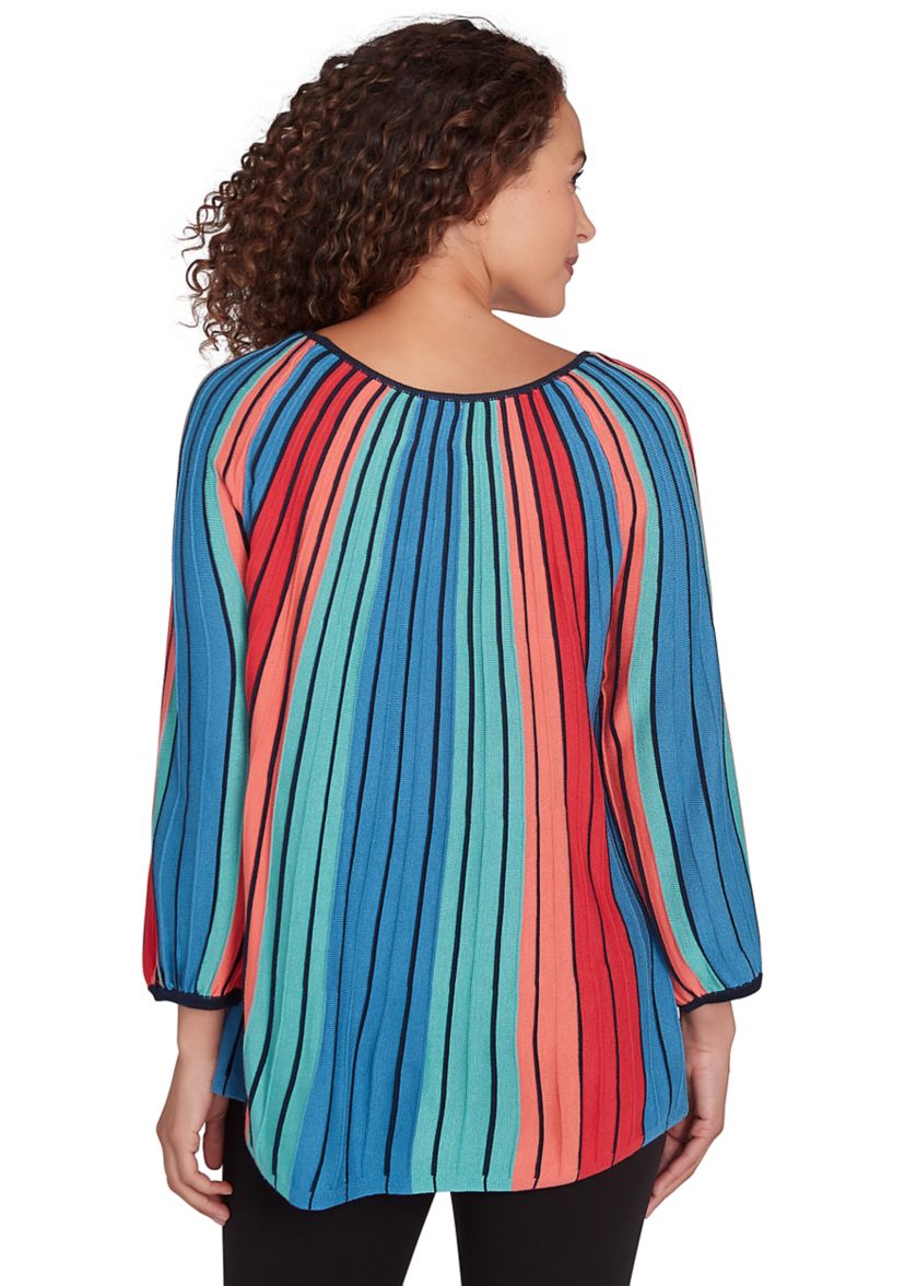 Petite Keyhole Neck Gored Stripe Sweater with Three Quarter Balloon Sleeves