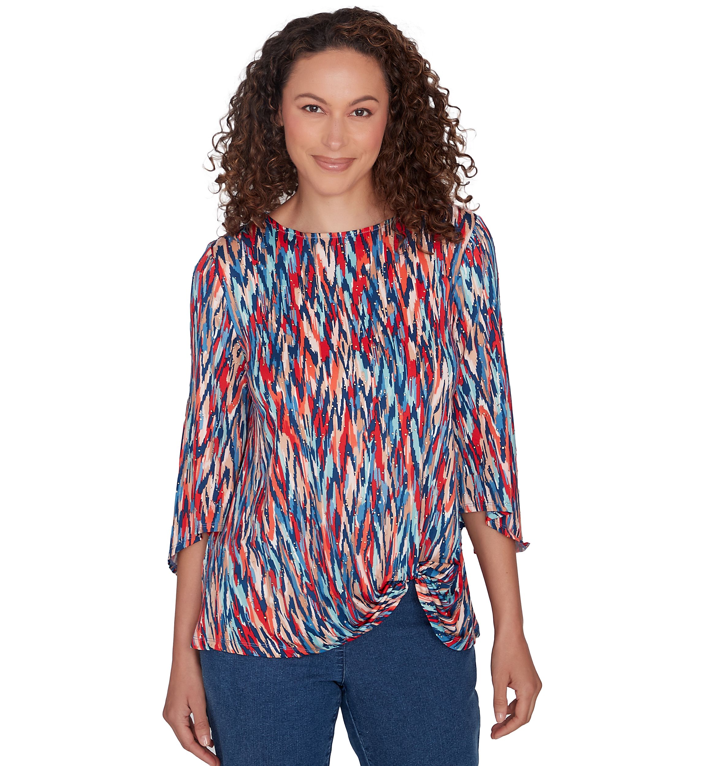 Petite Scoop Neck Ikat Dew Drop Printed Knit Top with Twist Front Detail