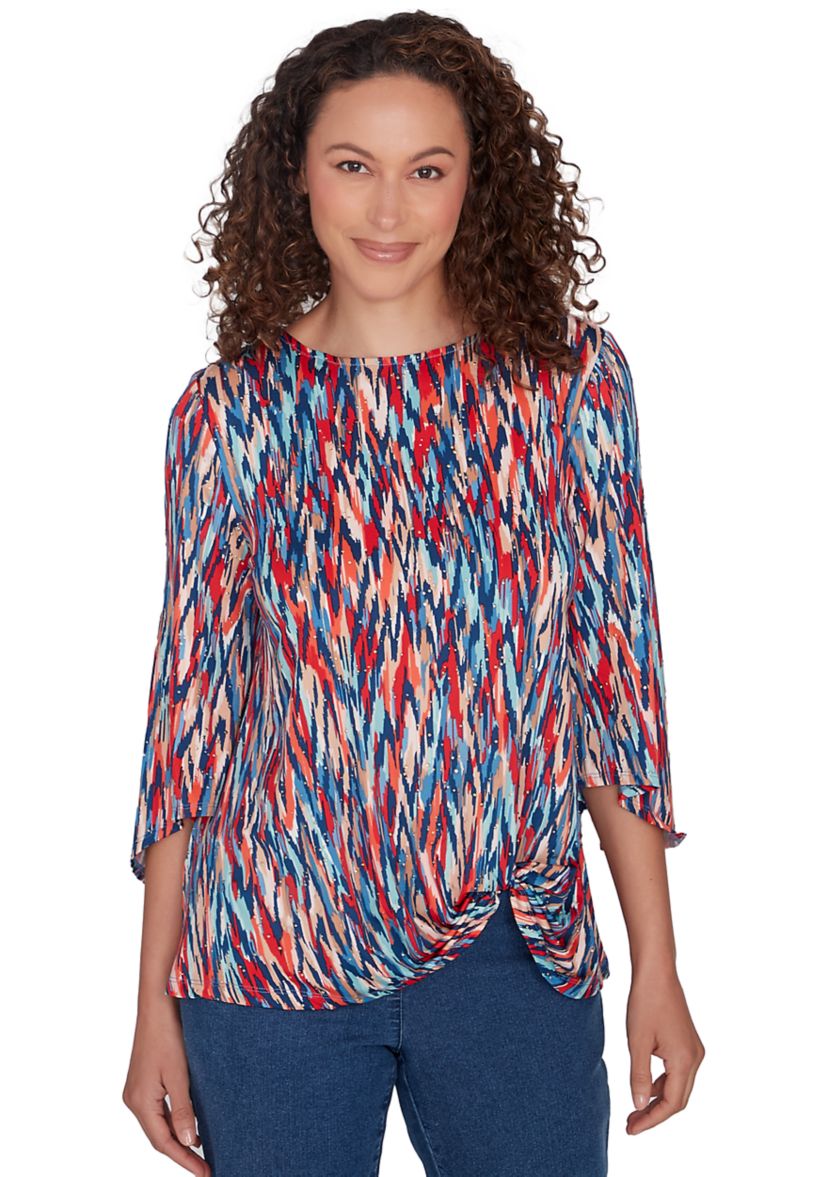 Petite Scoop Neck Ikat Dew Drop Printed Knit Top with Twist Front Detail
