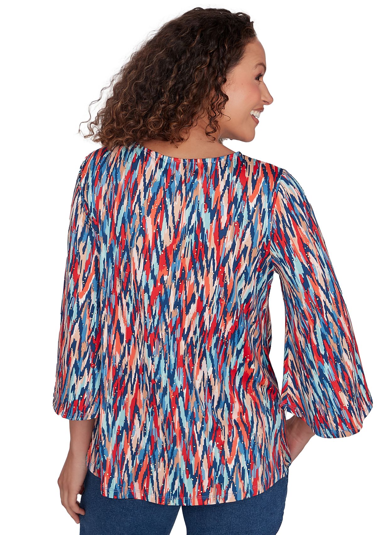 Petite Scoop Neck Ikat Dew Drop Printed Knit Top with Twist Front Detail