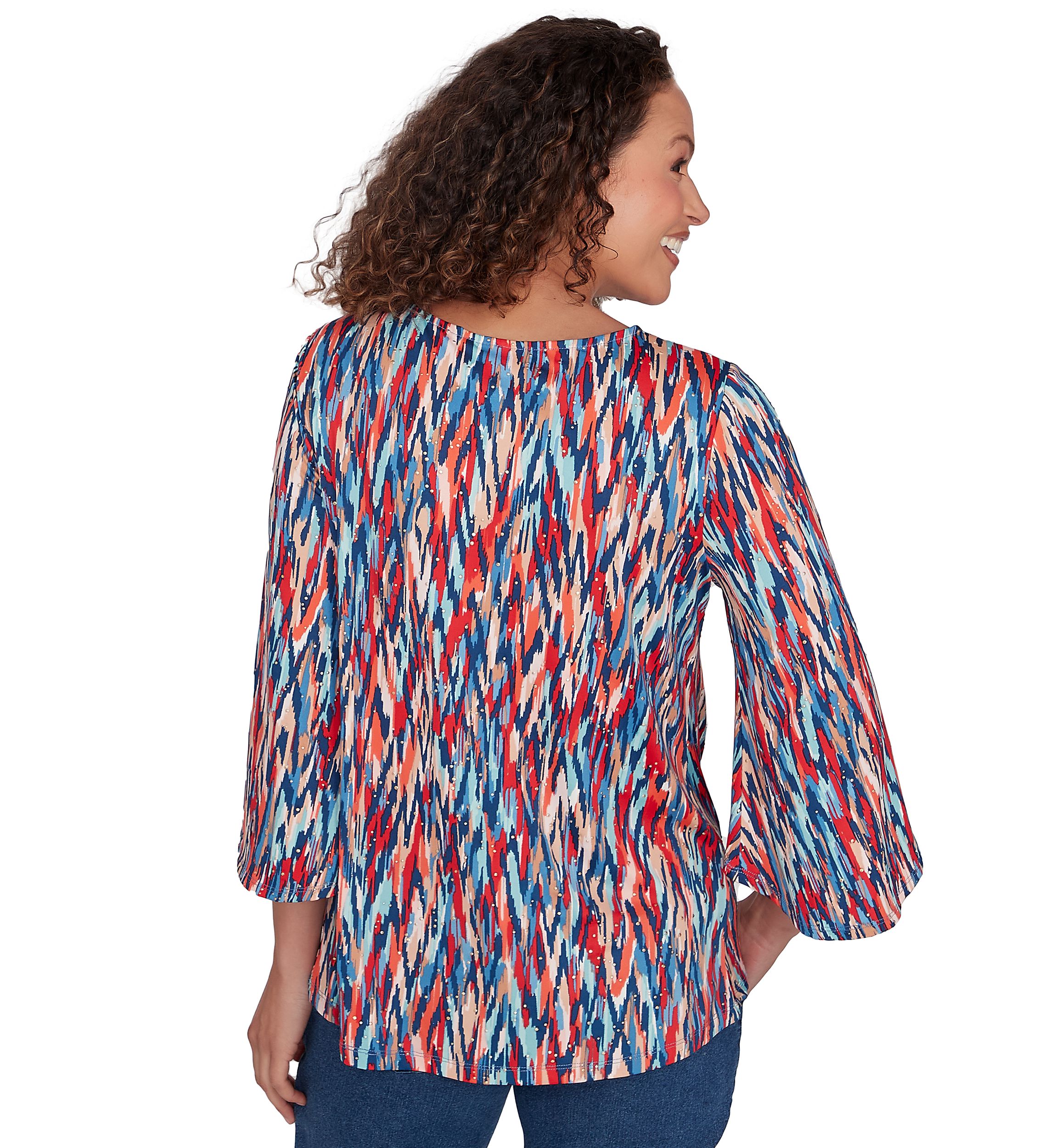 Petite Scoop Neck Ikat Dew Drop Printed Knit Top with Twist Front Detail