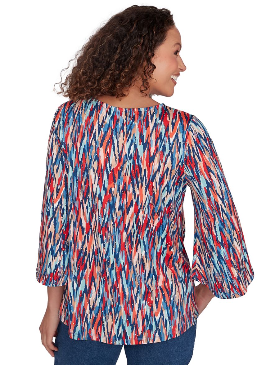 Petite Scoop Neck Ikat Dew Drop Printed Knit Top with Twist Front Detail