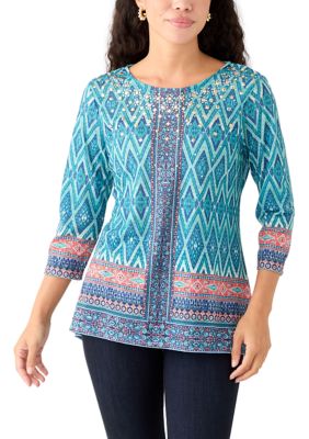 Ruby Rd Women's Petite 3/4 Sleeve Shark Bite Hem Printed Top