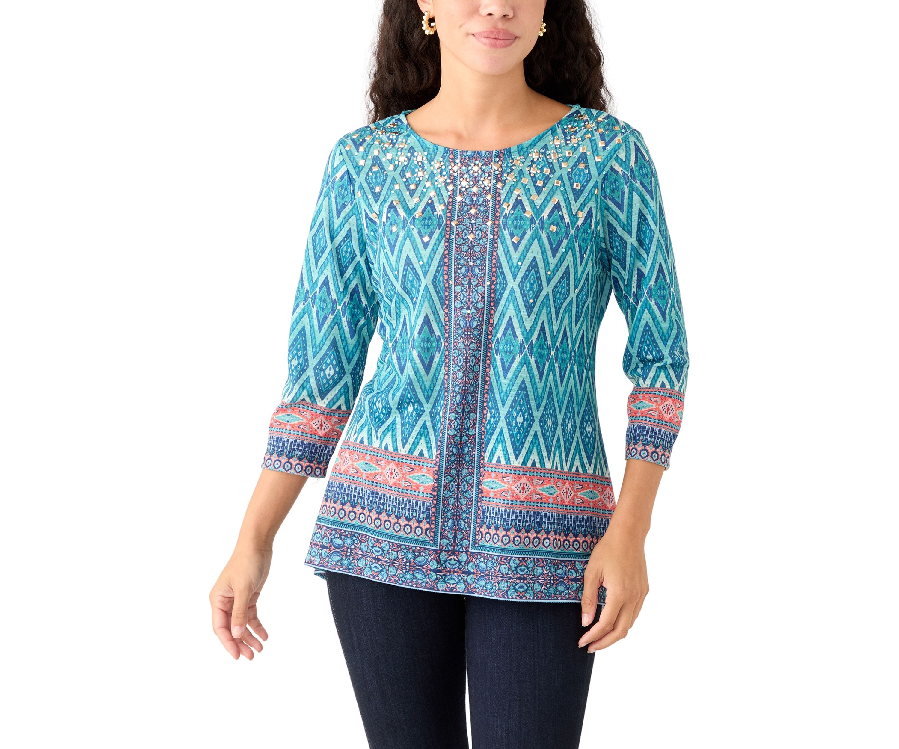 Petite 3/4 Sleeve Shark Bite Hem Printed Top