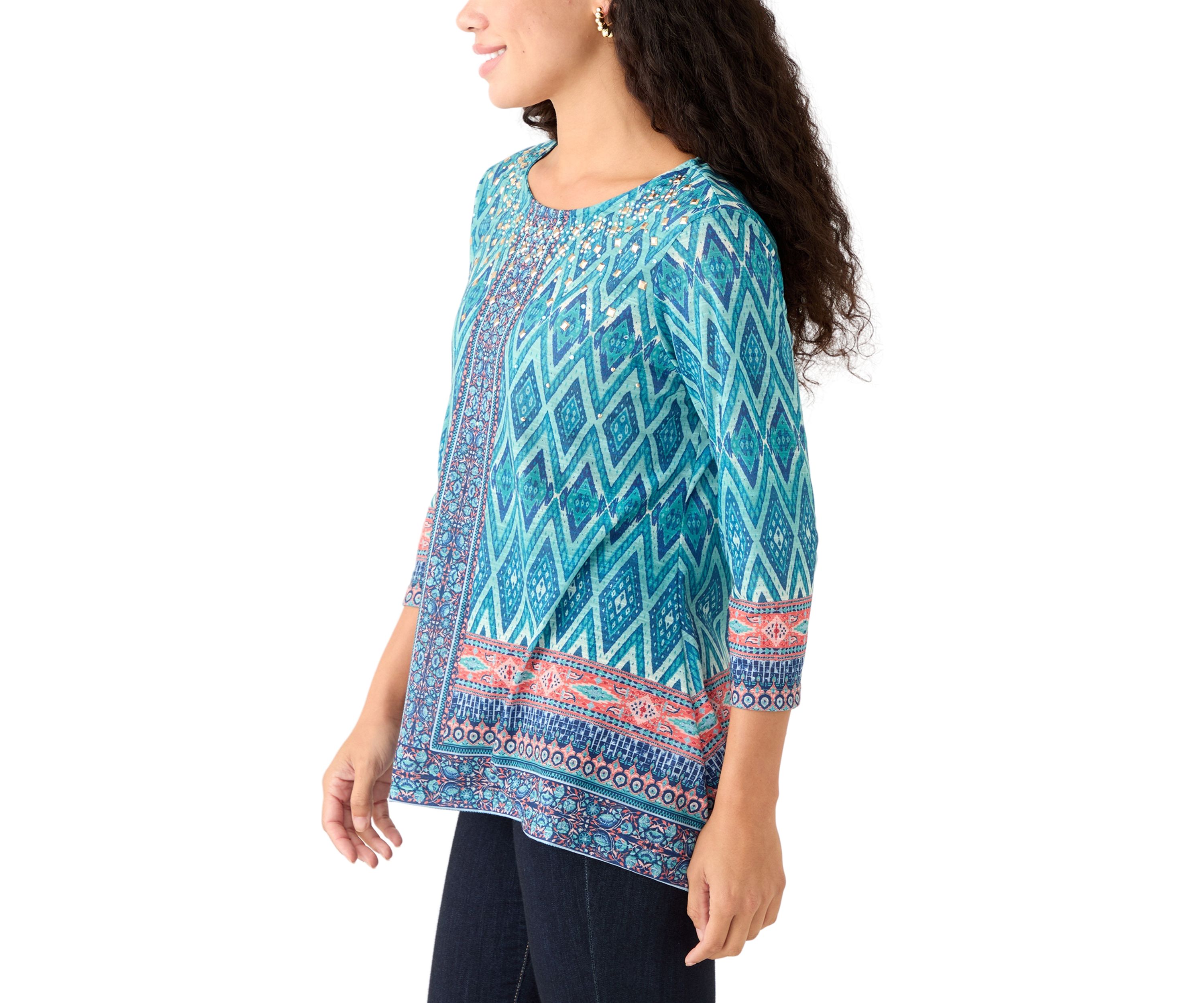 Petite 3/4 Sleeve Shark Bite Hem Printed Top